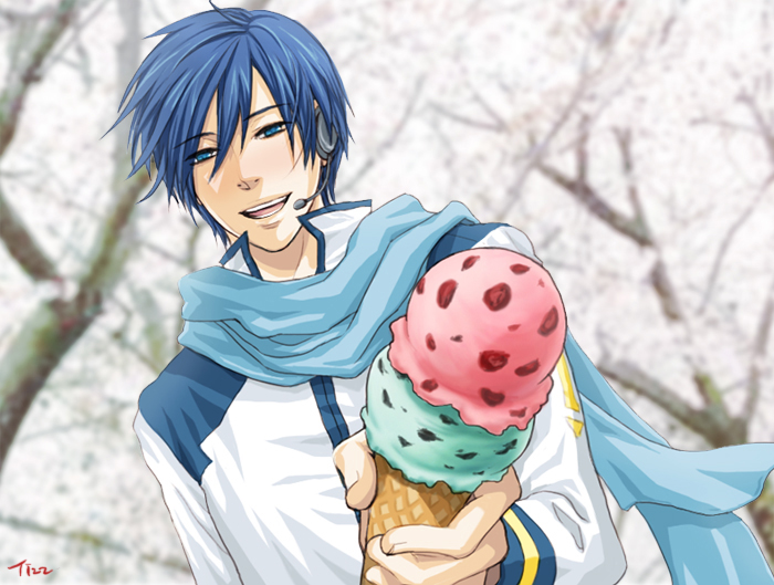 ringtomato, tizz, kaito (vocaloid), vocaloid, bad id, bad pixiv id, 1boy, blue eyes, blue hair, blue scarf, food, headphones, headset, ice cream, male focus, matching hair/eyes, scarf, short hair, smile, solo
