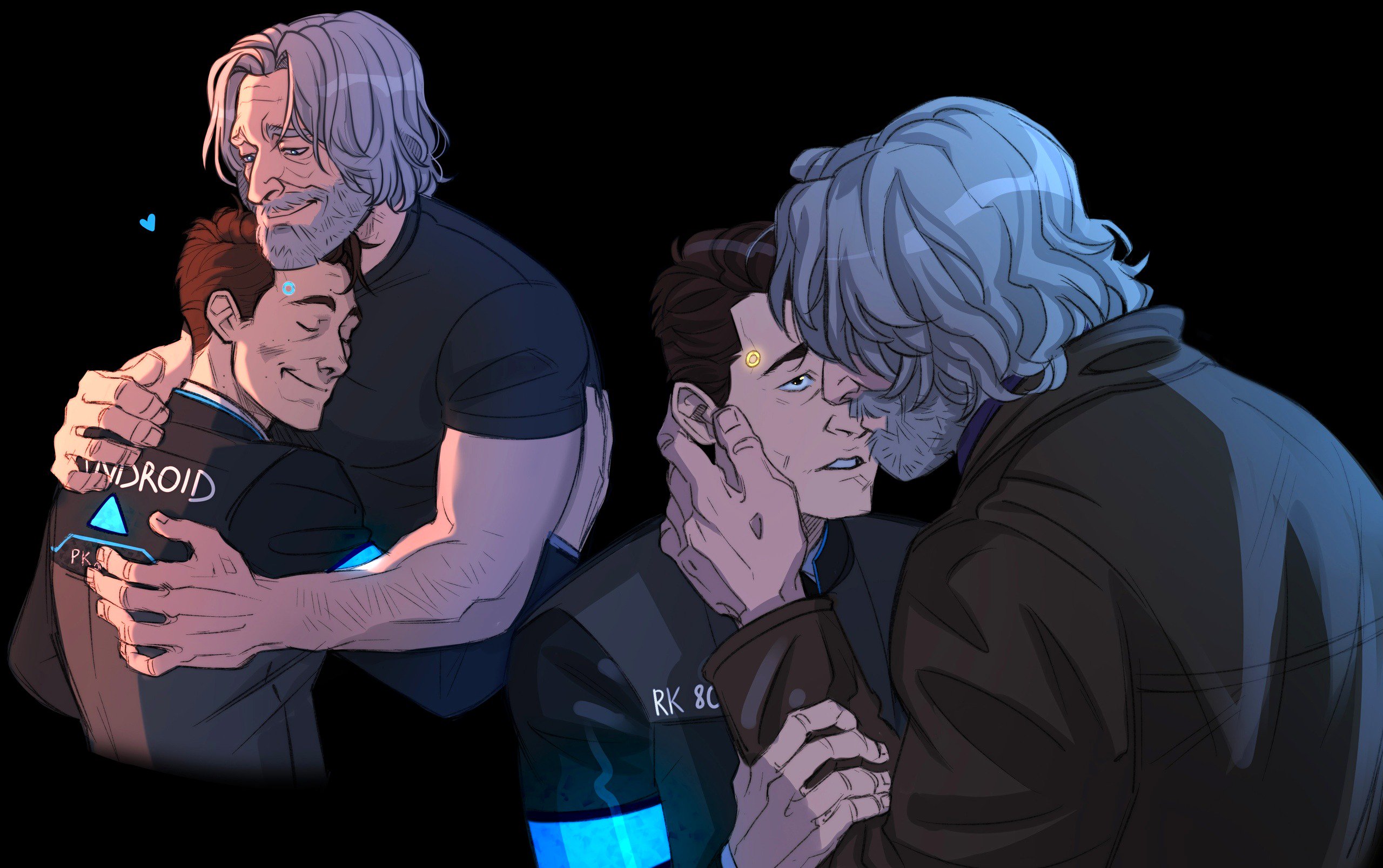teppn (gattobamboom), connor (detroit), hank anderson, detroit: become human, highres, 2boys, android, beard, blue eyes, brown eyes, brown hair, facial hair, grey hair, hug, jacket, male focus, multiple boys, old, old man, wavy hair, yaoi