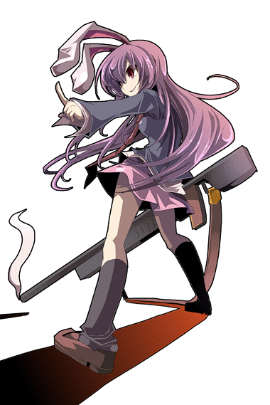 fruit punch, reisen udongein inaba, touhou, 1girl, animal ears, female focus, gun, long hair, rabbit ears, rifle, smoke, solo, transparent background, very long hair, weapon