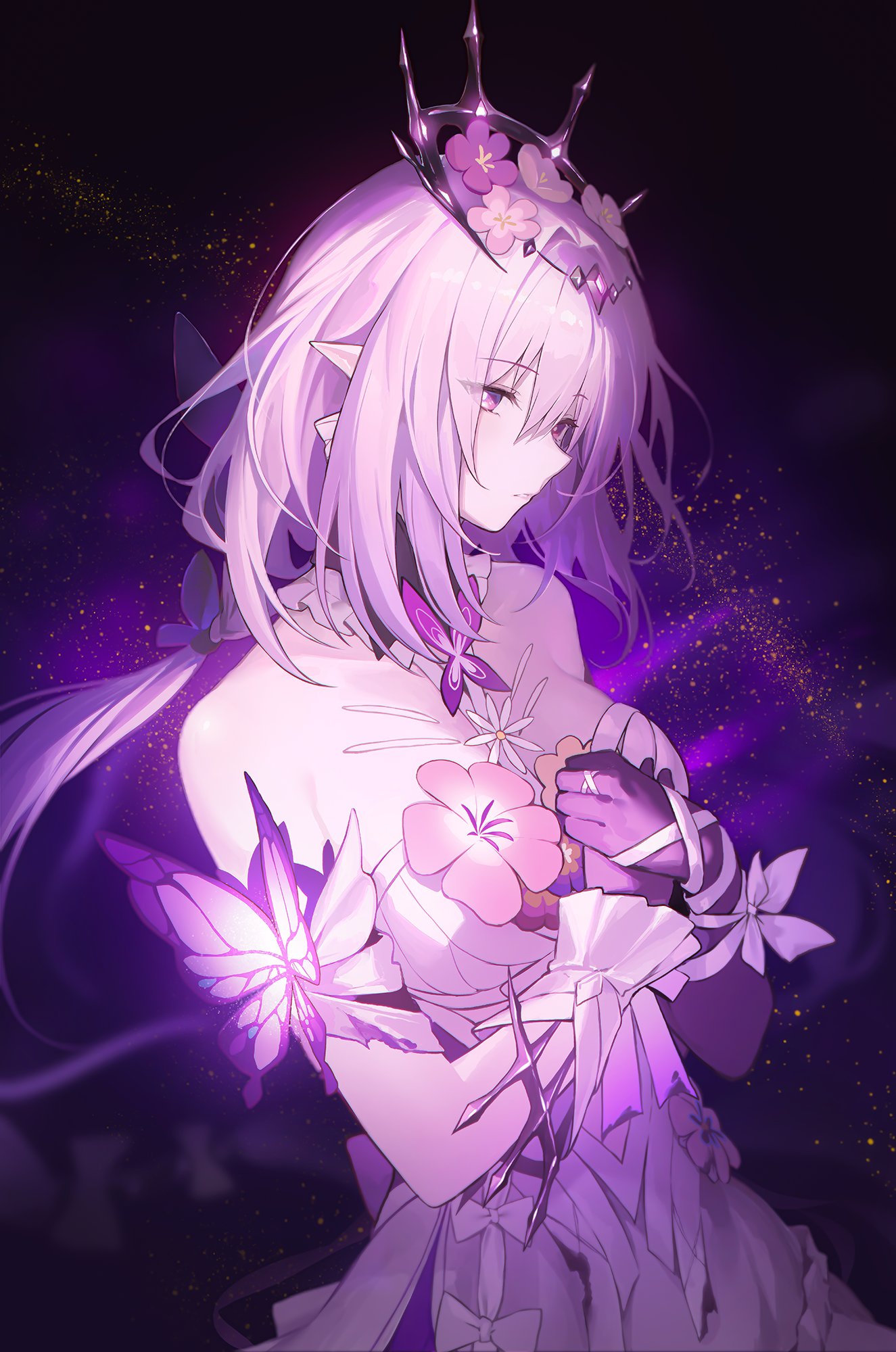 yohaku, castorice (honkai: star rail), honkai: star rail, honkai (series), commentary, english commentary, highres, 1girl, asymmetrical gloves, black tiara, breasts, bright pupils, bug, butterfly, butterfly ornament, dress, elbow gloves, flower, flower ornament, gloves, insect, pointy ears, purple background, purple butterfly, purple flower, purple gloves, purple hair, single elbow glove, solo, tiara, uneven gloves, white dress, white pupils