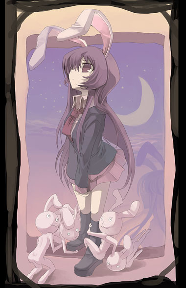 fruit punch, reisen udongein inaba, touhou, 1girl, animal ears, black jacket, boots, border, closed mouth, collar, collared shirt, crescent moon, female focus, jacket, leg grab, long hair, long sleeves, looking up, matching hair/eyes, miniskirt, moon, multiple views, necktie, night, night sky, pink skirt, pleated skirt, projected inset, purple eyes, purple hair, rabbit, rabbit ears, red necktie, shirt, skirt, sky, standing, white shirt