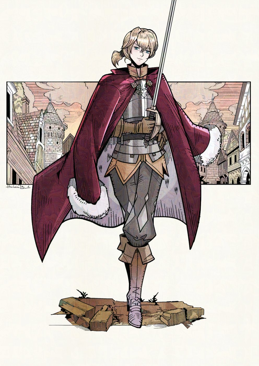 herheim, gilbert (unicorn overlord), unicorn overlord, commentary, english commentary, highres, 1boy, armor, blonde hair, blue eyes, boots, breastplate, brown gloves, closed mouth, coat, coat on shoulders, double-parted bangs, full body, fur trim, gloves, hair between eyes, holding, holding sword, holding weapon, looking at viewer, male focus, ponytail, red coat, short hair, smile, solo, sword, weapon