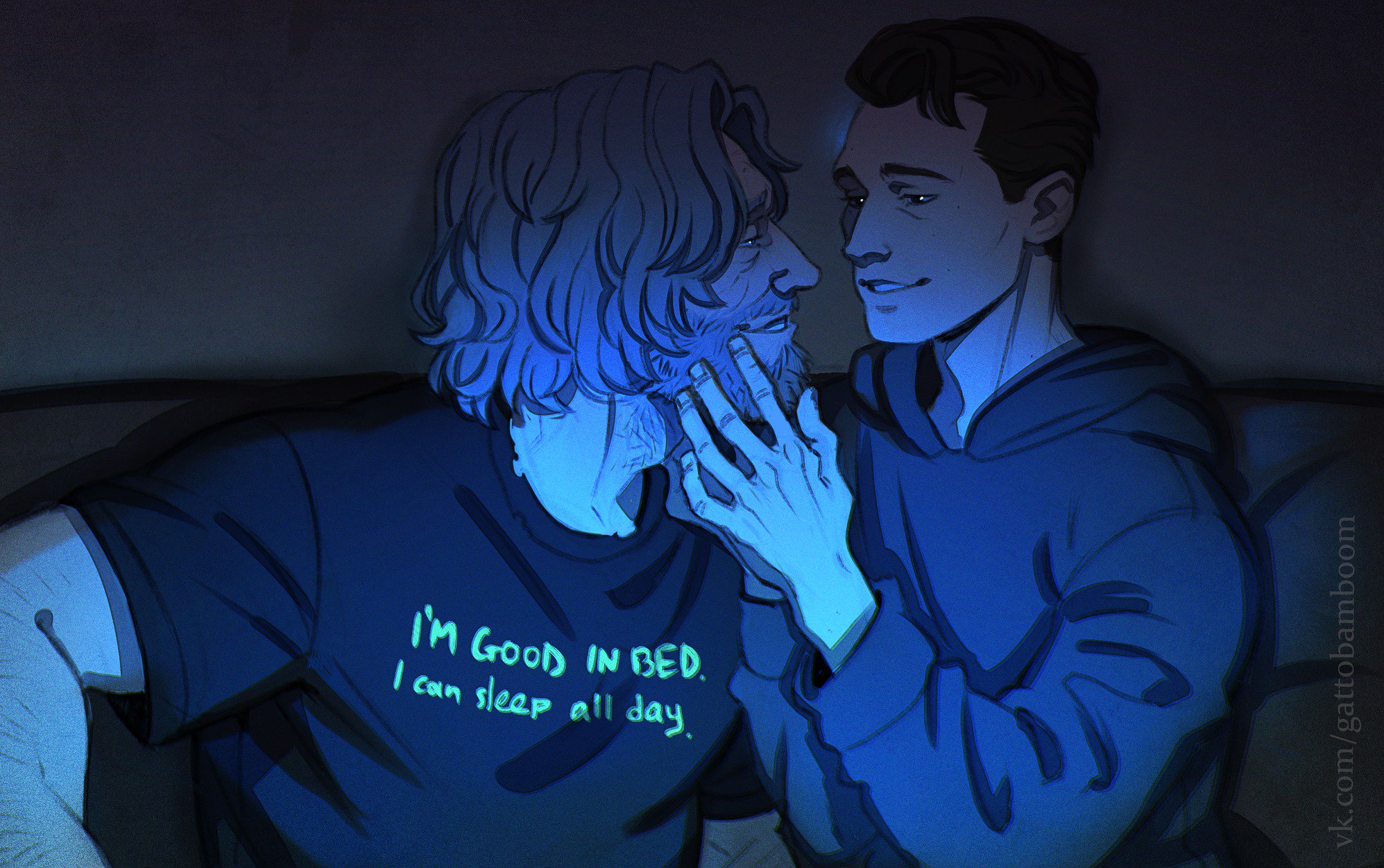 teppn (gattobamboom), connor (detroit), hank anderson, detroit: become human, highres, 2boys, beard, casual, cheekbones, couch, facial hair, grey hair, hands on another's face, hood, hoodie, male focus, multiple boys, old, old man, shirt, t-shirt, upper body, wavy hair, yaoi