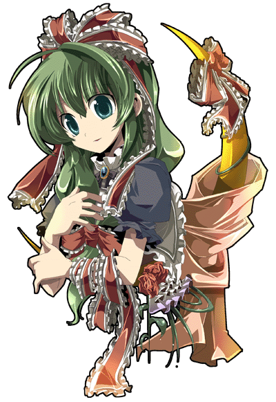 fruit punch, kagiyama hina, touhou, 1girl, blue dress, blush, dress, female focus, frills, front ponytail, green hair, looking at viewer, shawl, simple background, solo, spikes, tareme, transparent background, upper body, white background