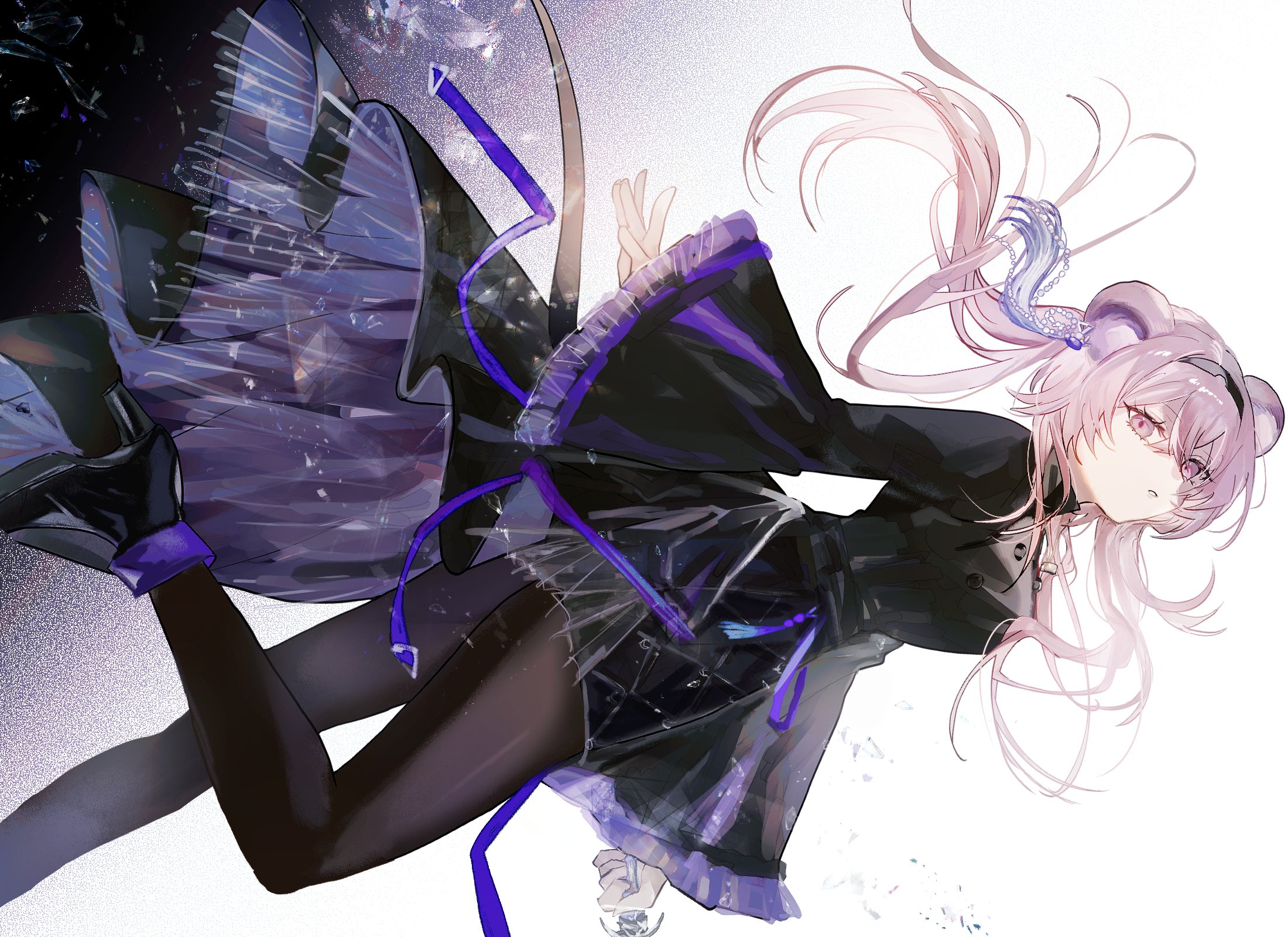 fumi (rdbm), lin (arknights), arknights, commentary request, highres, 1girl, animal ear fluff, animal ears, black dress, black hairband, black shoes, breasts, brown eyes, brown hair, brown pantyhose, dress, floating hair, from side, hair between eyes, hairband, high heels, holding, long hair, long sleeves, looking at viewer, looking to the side, medium breasts, pantyhose, shoes, sleeves past wrists, solo, very long hair, white background, wide sleeves