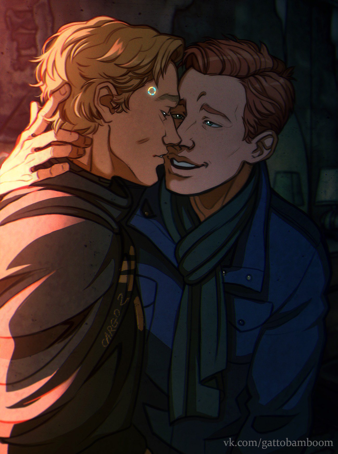 teppn (gattobamboom), detroit: become human, commentary, highres, symbol-only commentary, 2boys, alternate costume, android, blonde hair, blue eyes, casual, cloak, green scarf, hand on another's head, imminent kiss, jerry (detroit), male focus, multiple boys, orange hair, ralph (detroit), scarf, yaoi