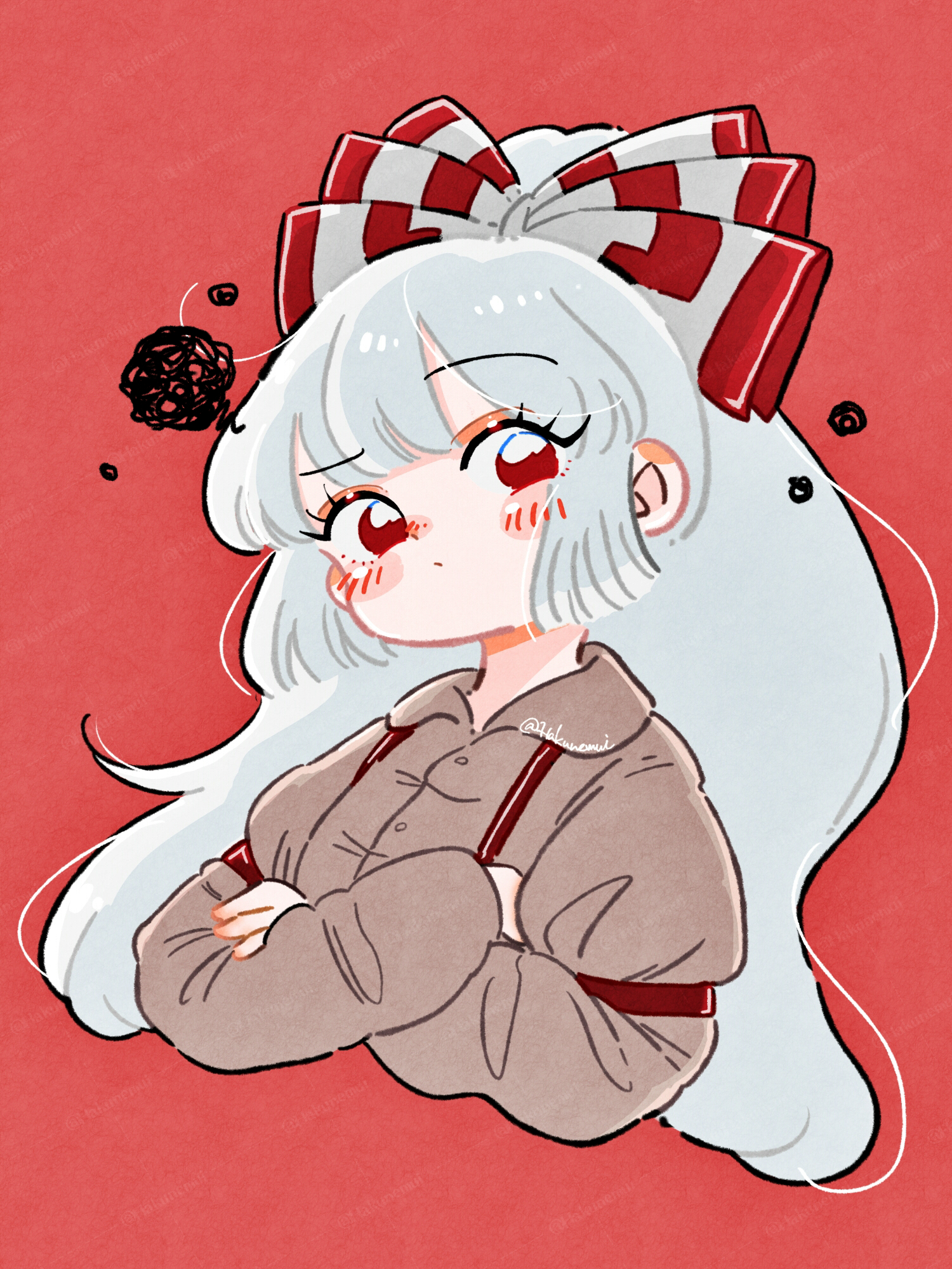 hakunemui, fujiwara no mokou, touhou, commentary, highres, 1girl, blush, blush stickers, bow, brown shirt, cropped torso, crossed arms, hair bow, head tilt, long hair, long sleeves, looking at viewer, ponytail, red background, red eyes, shirt, simple background, solo, squiggle, suspenders, upper body, very long hair, white hair