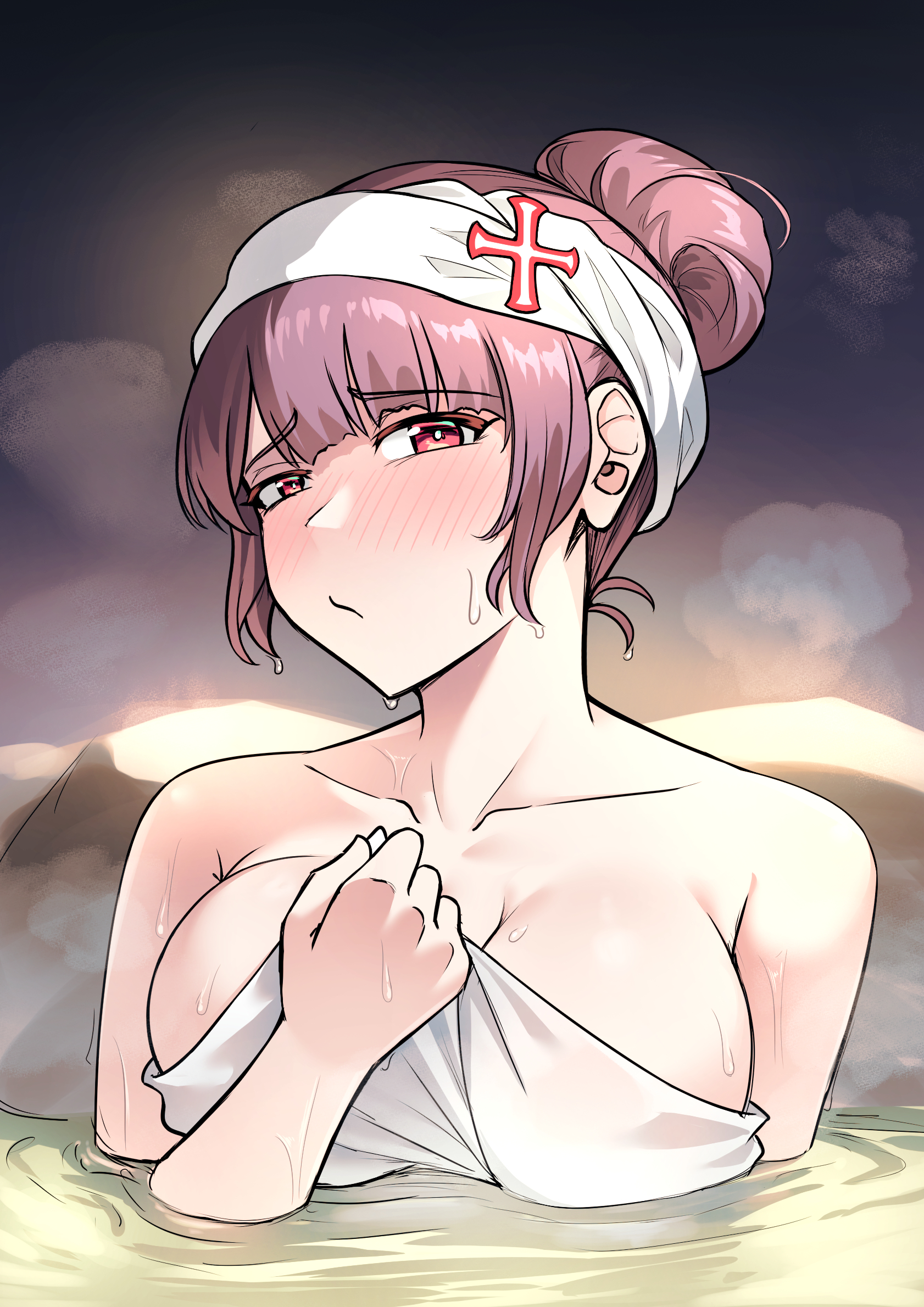 senpaihawkkun, makiatto (girls' frontline 2), wa2000 (girls' frontline), girls' frontline, girls' frontline 2: exilium, commentary, english commentary, highres, 1girl, bare shoulders, blush, breasts, closed mouth, collarbone, cross hair ornament, hair bun, hair ornament, half-closed eyes, holding, holding towel, large breasts, looking at viewer, naked towel, official alternate costume, onsen, purple hair, red eyes, single hair bun, sitting, solo, steam, sweat, towel, towel on head
