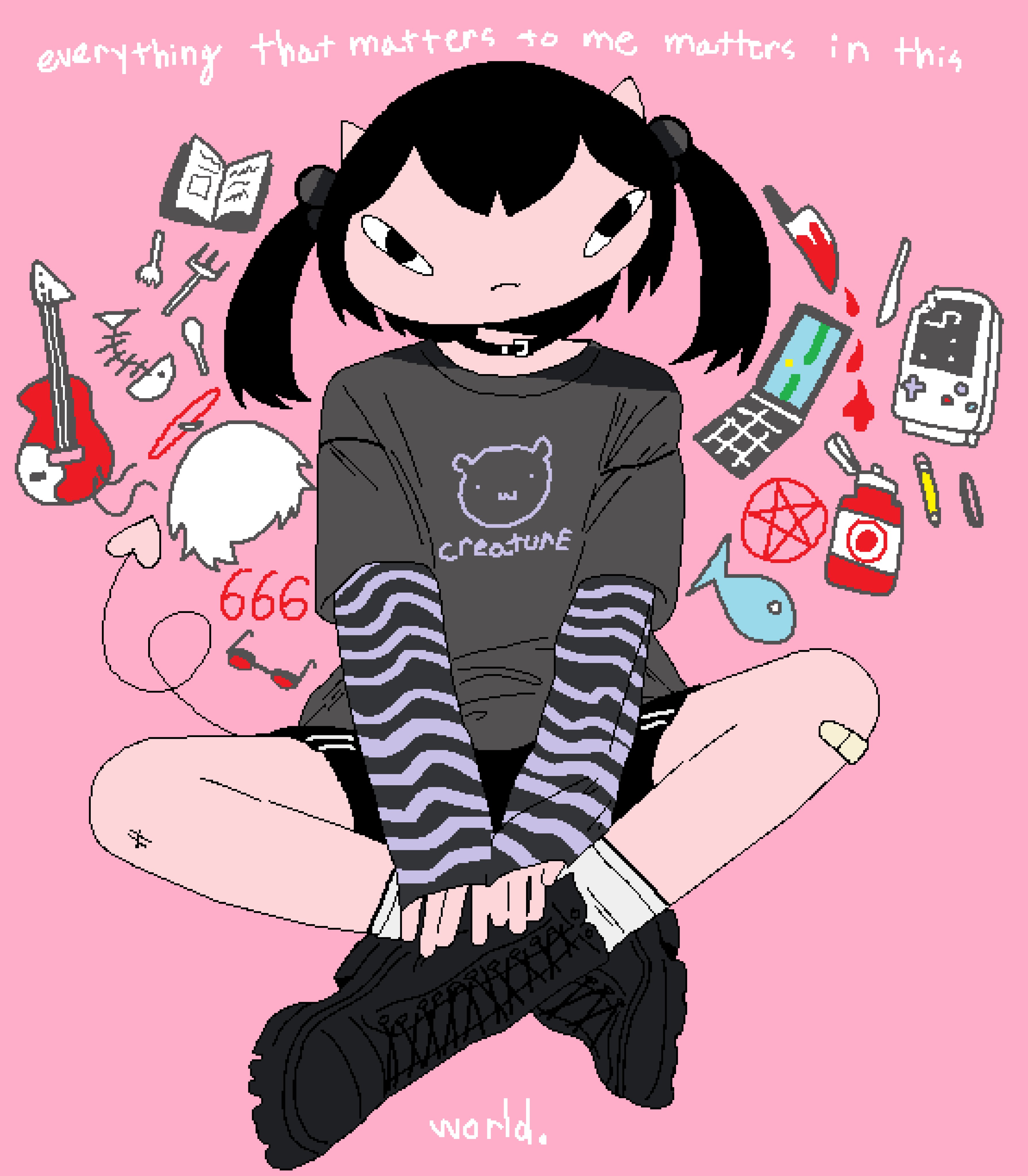 chewchewer, original, absurdres, commentary, english commentary, highres, microsoft paint (medium), 1girl, ahoge, alternate hairstyle, bandaid, bandaid on knee, bandaid on leg, black boots, black collar, black eyes, black hair, black shirt, black shorts, blood, book, boots, cellphone, closed mouth, collar, colored skin, demon horns, demon tail, detached ahoge, english text, eraser, fish, fish skeleton, flip phone, fork, game boy, glasses, guitar, hair bobbles, hair ornament, halo, handheld game console, horns, instrument, jaggy lines, kappa (chewchewer), ketchup, knife, nail polish, nyan (chewchewer), pencil, pentagram, phone, pink background, print shirt, red halo, red skin, shirt, short twintails, shorts, simple background, sitting, socks, solo, spoon, striped arm warmers, tail, twintails, white socks