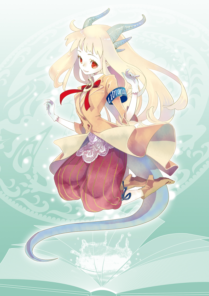 kaekae, original, 1girl, albino, blonde hair, female focus, gloves, horns, long hair, monster girl, red eyes, solo, tail