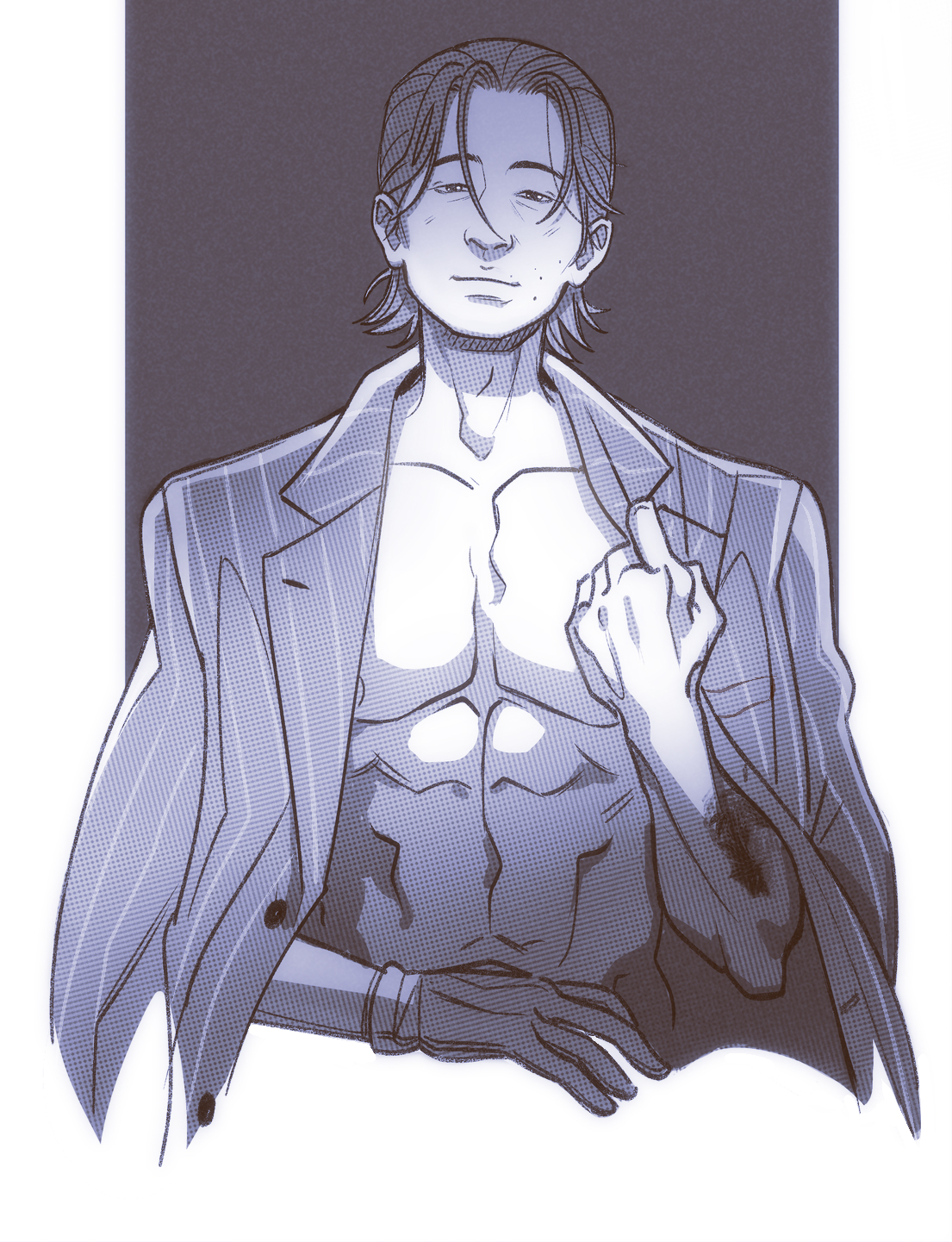 teppn (gattobamboom), tachibana tetsu, ryuu ga gotoku (series), ryuu ga gotoku 0, commentary, highres, symbol-only commentary, 1boy, arm tattoo, bare pectorals, bat tattoo, gloves, jacket, jacket on shoulders, male focus, monochrome, pectorals, pinstripe jacket, pinstripe pattern, prosthesis, prosthetic arm, single glove, solo, tattoo, upper body