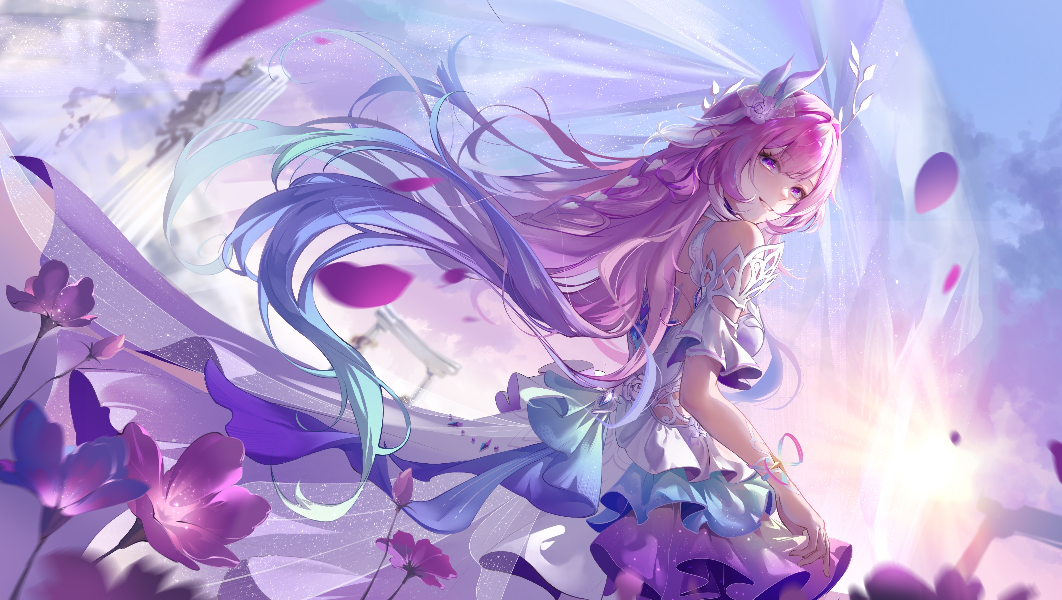 cyrene (honkai: star rail), cyrene (ripples of past reverie) (honkai: star rail), honkai: star rail, honkai (series), absurdres, chinese commentary, commentary request, highres, 1girl, aqua hair, bare shoulders, blue sky, breasts, diamond-shaped pupils, diamond (shape), dress, falling petals, flower, hair flower, hair ornament, long hair, looking at viewer, medium breasts, multicolored hair, na po li huang, petals, pink hair, pink petals, purple eyes, sky, smile, solo, stone pillar, symbol-shaped pupils, two-tone hair, very long hair, white dress