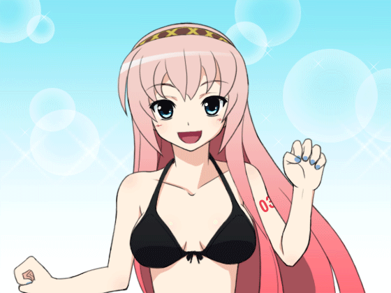 mameshiba (pixiv 59310), megurine luka, vocaloid, animated, animated gif, 1girl, bikini, blue eyes, blue nails, bouncing breasts, breasts, cleavage, female focus, front-tie top, long hair, nail polish, pink hair, running, smile, solo, swimsuit
