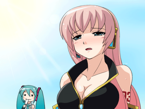 mameshiba (pixiv 59310), hatsune miku, megurine luka, vocaloid, animated, animated gif, 00s, 2girls, :3, = =, aqua hair, blue eyes, blush, breasts, cleavage, eating, food, headphones, headset, heavy breathing, hot, large breasts, long hair, multiple girls, pink hair, popsicle, sun, sunlight, sweat, twintails, upper body