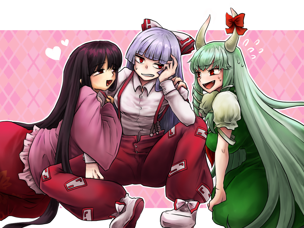 ex-keine, fujiwara no mokou, houraisan kaguya, kamishirasawa keine, touhou, commentary request, 3girls, abuo (jfkn2274), argyle background, arm hug, black hair, blunt bangs, bow, dress, flying sweatdrops, green dress, green hair, grey hair, hair bow, heart, horn bow, horn ornament, horns, letterboxed, long hair, looking at another, love triangle, multiple girls, outline, pants, pink shirt, red eyes, red pants, red skirt, shirt, sitting, skirt, smile, straight hair, suspender pants, sweatdrop, very long hair, white outline, white shirt, yuri