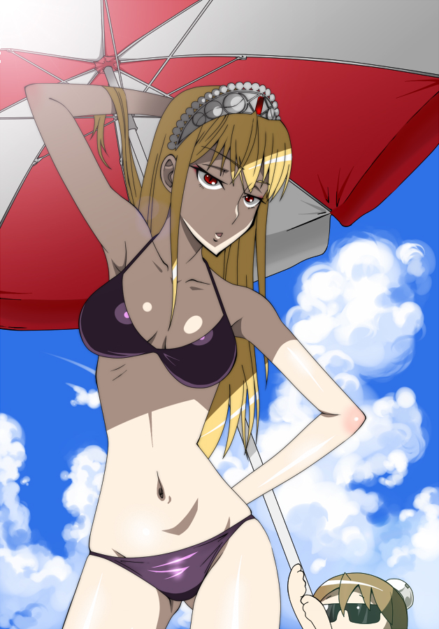 hinoki (hinoki-buro), flandre (kaibutsu oujo), hime (kaibutsu oujo), kaibutsu oujo, 00s, 2girls, armpits, bikini, blonde hair, long hair, multiple girls, red eyes, swimsuit, tiara, umbrella