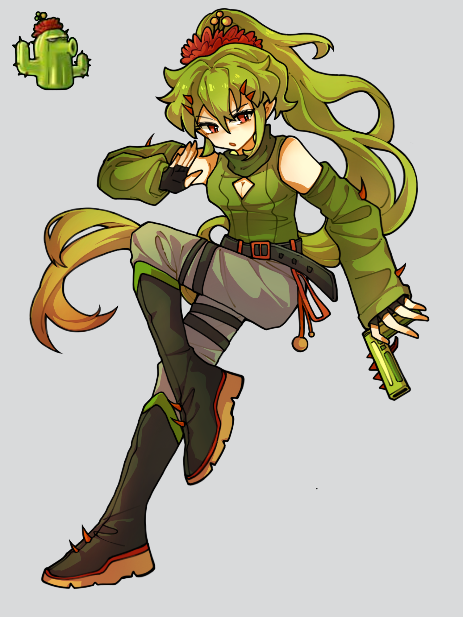 cactus (plants vs. zombies), plants vs. zombies, chinese commentary, commentary request, highres, 1girl, :o, arm at side, artistic error, bare shoulders, belt, black belt, black boots, black gloves, boots, breasts, brown hair, cleavage, cleavage cutout, clothing cutout, detached sleeves, double-parted bangs, fingerless gloves, flower, full body, gloves, gradient hair, green hair, green sleeves, green sweater, grey background, grey pants, gun, hair between eyes, hair flower, hair ornament, hand up, handgun, high ponytail, holding, holding gun, holding weapon, ive0iv7307, knee boots, long hair, multicolored hair, official art inset, open mouth, pants, personification, pointy ears, ponytail, red eyes, red flower, reference inset, ribbed sweater, simple background, sleeveless, sleeveless sweater, sleeveless turtleneck, sleeves past wrists, small breasts, solo, spiked boots, standing, standing on one leg, sweater, tsurime, turtleneck, turtleneck sweater, two-tone hair, v-shaped eyebrows, very long hair, weapon
