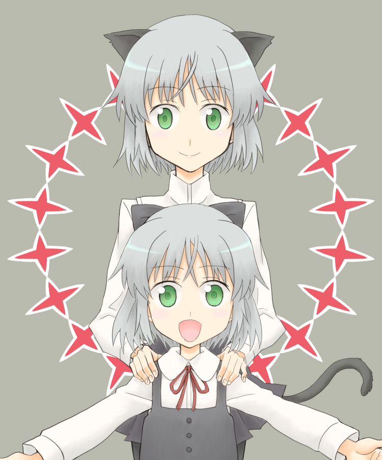 ishioto, sanya v. litvyak, strike witches, world witches series, silver hair, uniform, 00s, 2girls, aged down, animal ears, black pantyhose, cat ears, cat tail, child, dress, green eyes, multiple girls, open mouth, pantyhose, short hair, smile, tail, time paradox