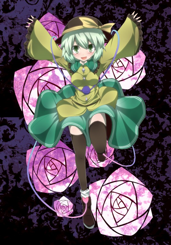 kuromiya, komeiji koishi, touhou, 1girl, breasts, female focus, flower, full body, hat, plant, skirt, solo, thighhighs, zettai ryouiki