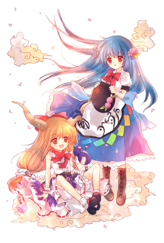 torii sumi, hinanawi tenshi, ibuki suika, touhou, 2girls, arm support, blue hair, boots, bow, bowtie, brown boots, chain, cloud, fang, female focus, flower, food, fruit, hair flower, hair ornament, hat, holding, holding unworn clothes, holding unworn hat, horns, lace-up boots, long hair, multiple girls, open mouth, orange hair, peach, petals, red eyes, short sleeves, sitting, smile, standing, unworn hat, unworn headwear, wind, wrist cuffs
