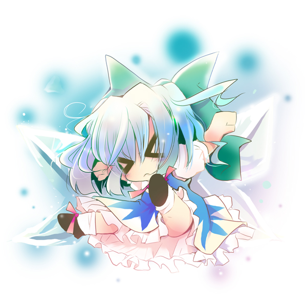 usoneko, cirno, touhou, touhou hisoutensoku, bad id, bad pixiv id, > <, 1girl, blue eyes, blue hair, bow, closed eyes, female focus, matching hair/eyes, short hair, solo, wings