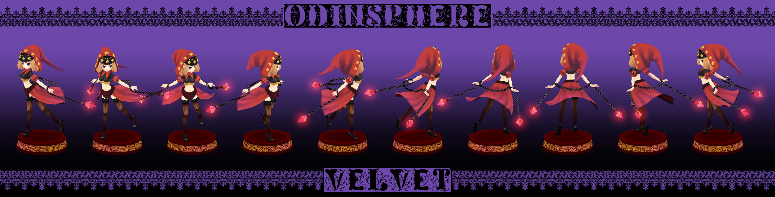 funako, velvet (odin sphere), odin sphere, highres, long image, wide image, blonde hair, chain, hood, midriff, purple eyes, thighhighs