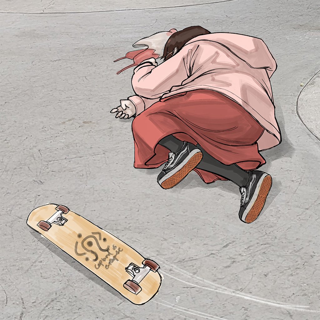 yuroroo, iwakura lain, serial experiments lain, commentary, english commentary, 1girl, black pantyhose, black shoes, brown hair, concrete, full body, hair ornament, hood, hooded jacket, jacket, long skirt, lying, meme, on floor, on side, outdoors, pantyhose, pink jacket, red skirt, shoe soles, shoes, short hair, skateboard, skirt, sneakers, solo, x hair ornament, yamcha pose (meme)