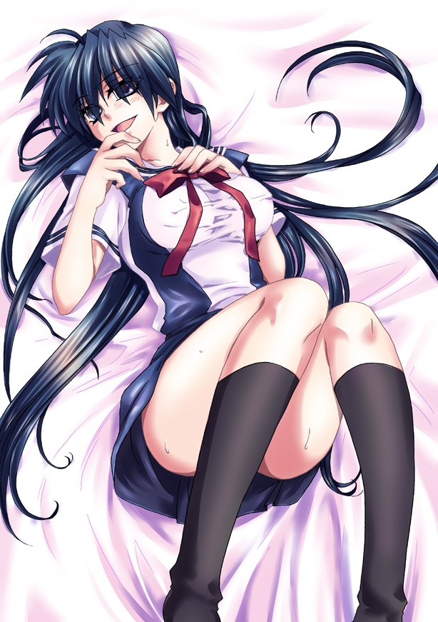 ikuhashi muiko, okazaki tomomi, okazaki tomoya, clannad, gender request, 00s, 1girl, blue eyes, blue hair, censored, convenient censoring, convenient leg, female focus, genderswap, long hair, lying, matching hair/eyes, school uniform, solo