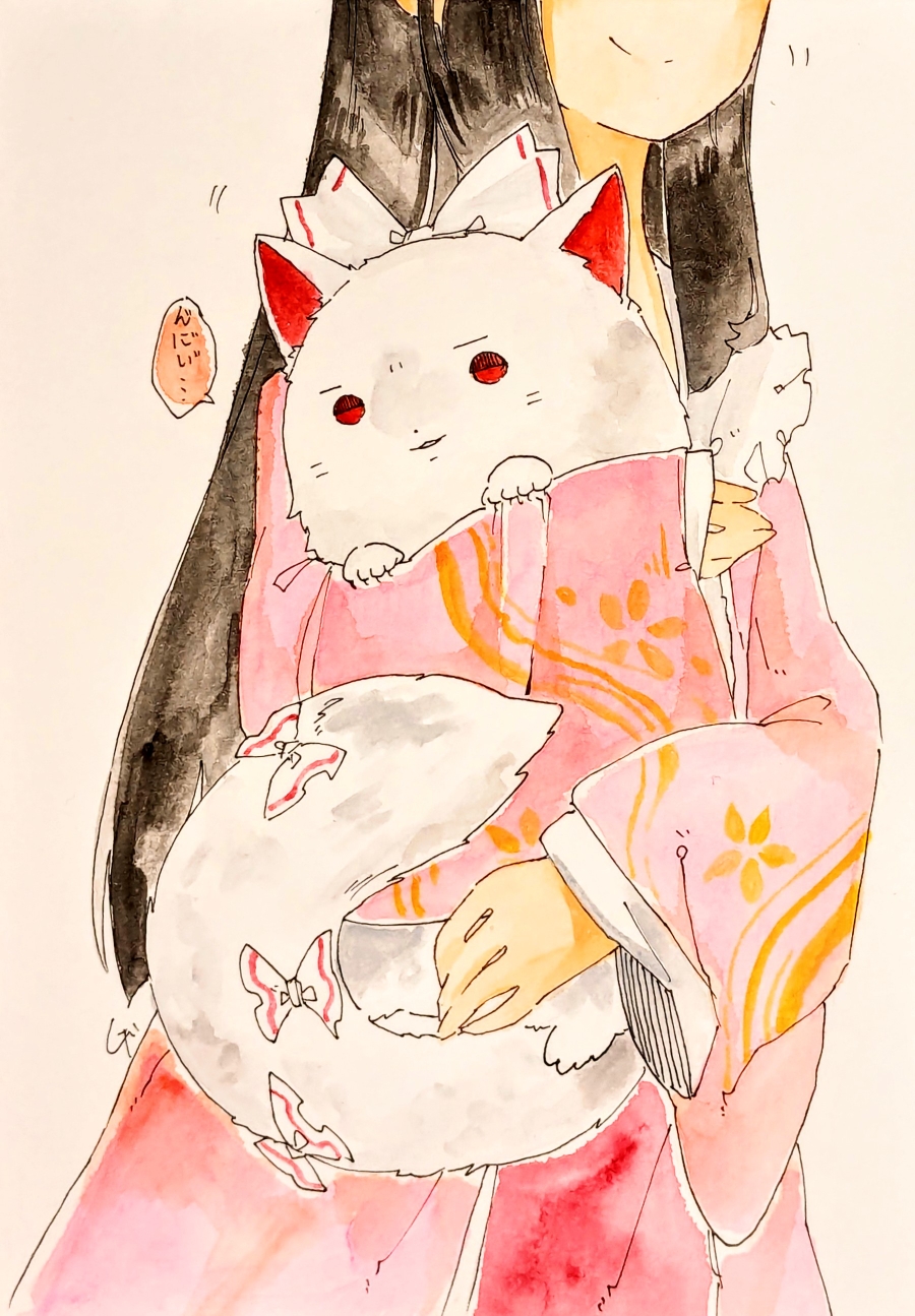 fujimugi, fujiwara no mokou, houraisan kaguya, touhou, commentary, highres, painting (medium), symbol-only commentary, traditional media, watercolor (medium), 1girl, animal, animal hug, animalization, black hair, bow, eyes out of frame, head out of frame, long hair, pink shirt, red eyes, shirt, simple background, smile, speech bubble, straight hair, very long hair, white bow