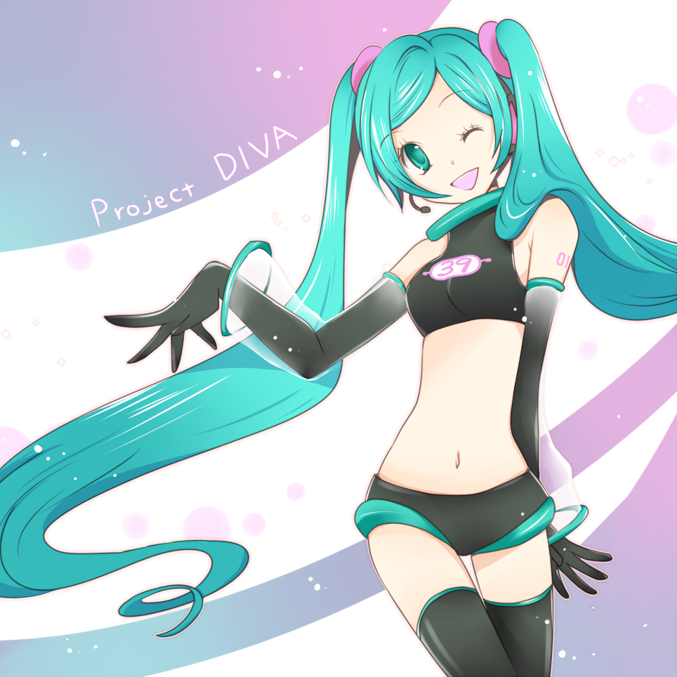 matsumaro, matsyumaro, hatsune miku, hatsune miku (space channel 39), project diva, project diva (series), vocaloid, bad id, bad pixiv id, 1girl, aqua eyes, aqua hair, cosplay, detached sleeves, elbow gloves, female focus, gloves, headphones, headset, long hair, midriff, one eye closed, shorts, smile, solo, thighhighs, twintails, ulala (cosplay), wink