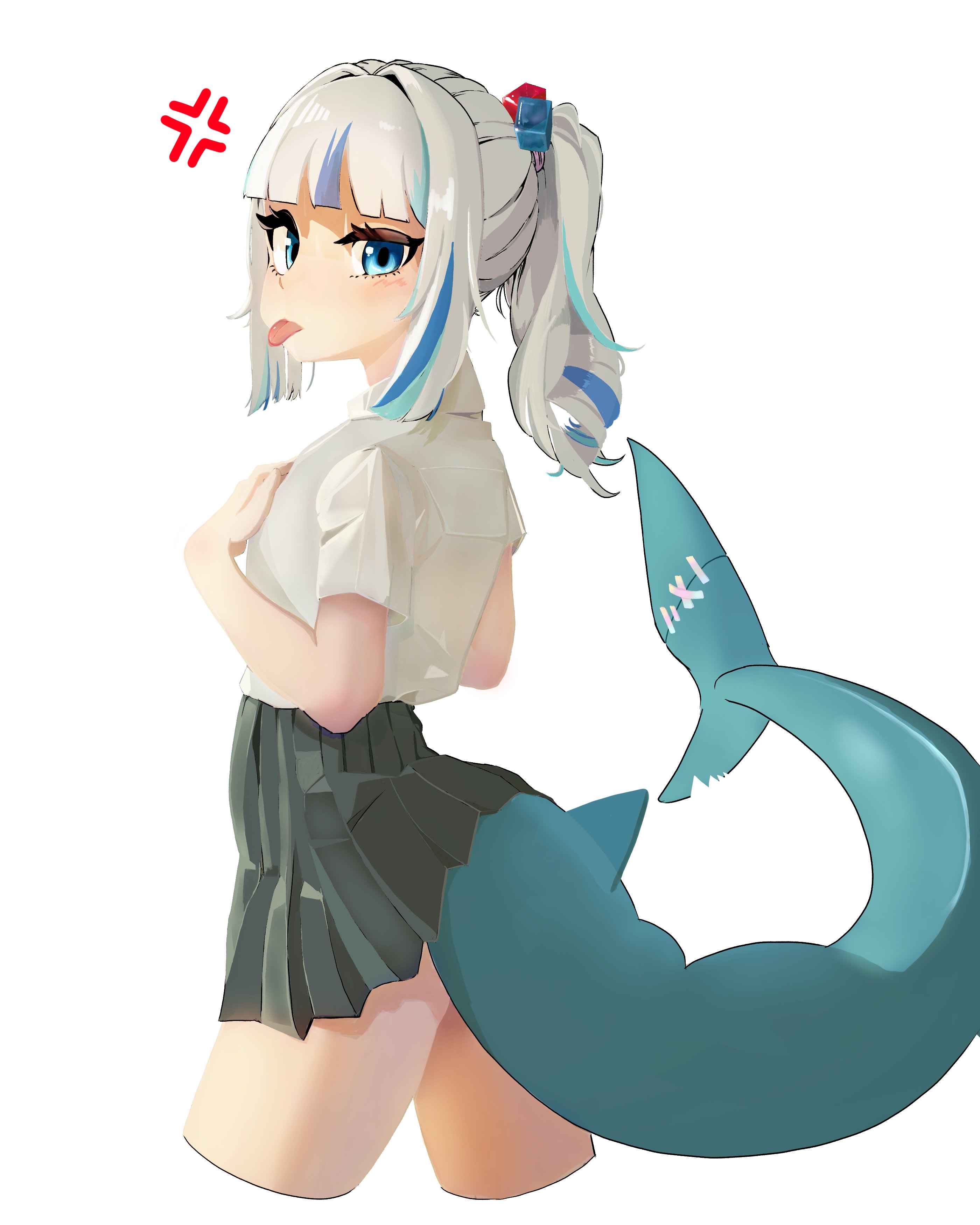 gawr gura, hololive, hololive english, highres, 1girl, bare legs, black skirt, blue eyes, blue hair, blush, eyelashes, female focus, fins, fish girl, fish tail, hair ornament, hands on own chest, looking at viewer, looking to the side, multicolored hair, ponytail, shark girl, shark tail, shirt, simple background, skirt, tail, thighs, tongue, tongue out, two-tone hair, white background, white hair, white shirt, zero04896436586