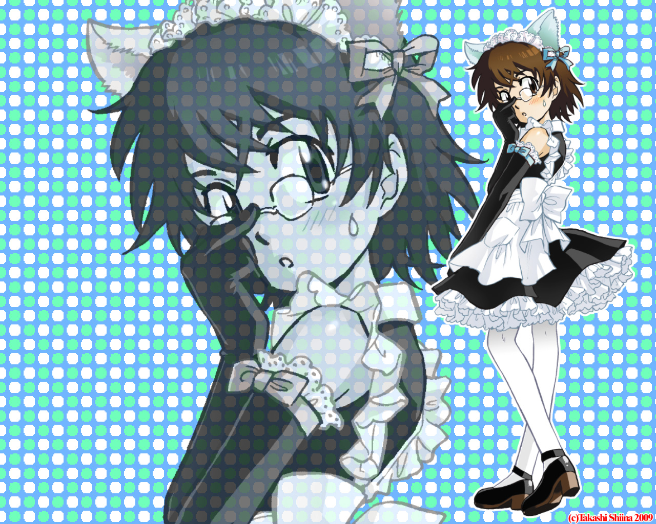 shiina takashi, mecha minamoto hermione, minamoto kouichi, zettai karen children, official art, official wallpaper, 00s, 1boy, android, animal ears, apron, cat boy, cat ears, crossdressing, crossdressing (mtf), glasses, headdress, maid, maid apron, maid headdress, male focus, male maid, pantyhose, petticoat, solo, trap, zoom layer