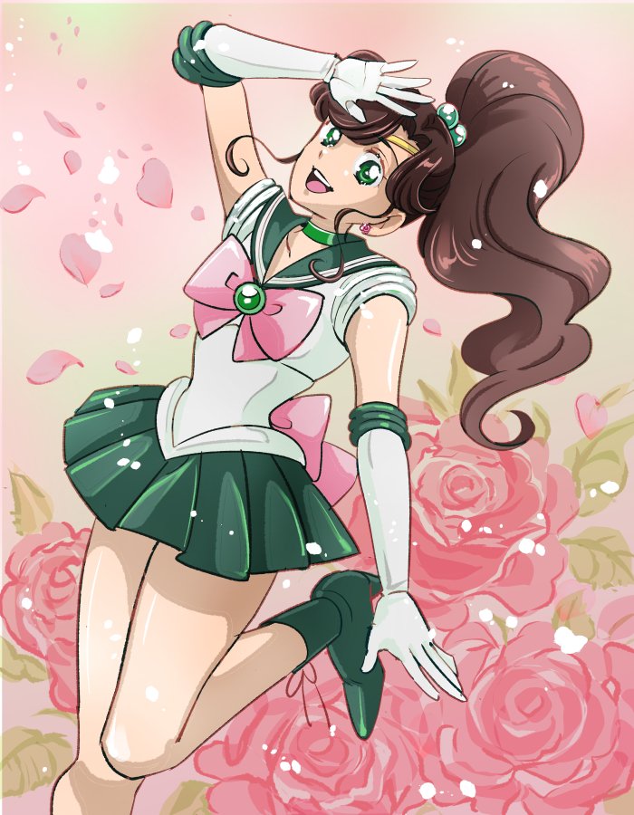 tsubatsuba (tsubame), kino makoto, sailor jupiter, bishoujo senshi sailor moon, commentary request, 1girl, bow, brown hair, choker, earrings, elbow gloves, flower, gloves, green choker, green eyes, green sailor collar, green skirt, hair bobbles, hair ornament, jewelry, long hair, magical girl, pink bow, ponytail, rose, sailor collar, sailor senshi uniform, skirt, smile, solo, white gloves