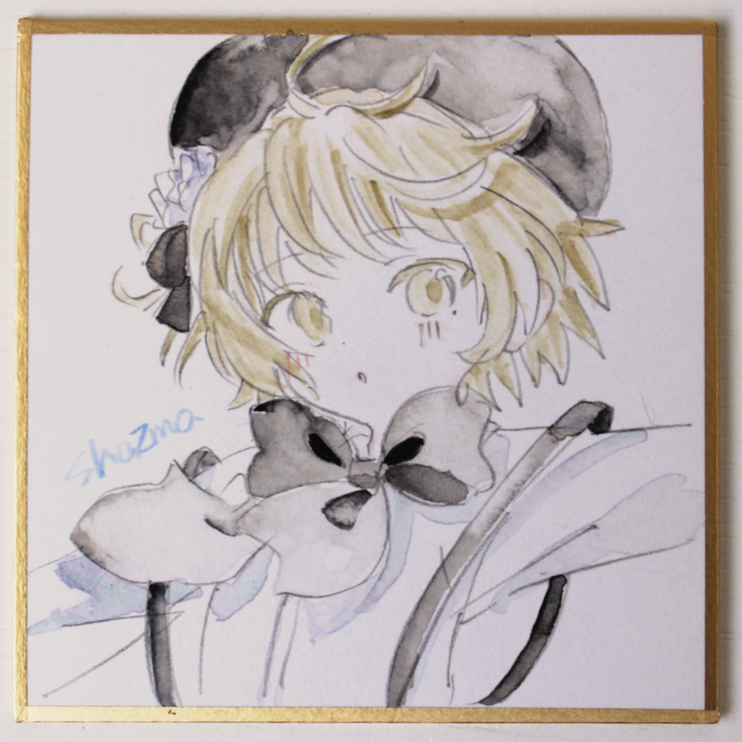 sha2mo, hatoba tsugu, tsugu (vtuber), absurdres, commentary request, highres, photo (medium), traditional media, 1girl, beret, black bow, black hat, blush, bow, brown eyes, brown hair, collared shirt, dress shirt, flower, hair flower, hair ornament, hat, looking at viewer, parted lips, shikishi, shirt, signature, solo, suspenders, upper body, virtual youtuber, white flower, white shirt