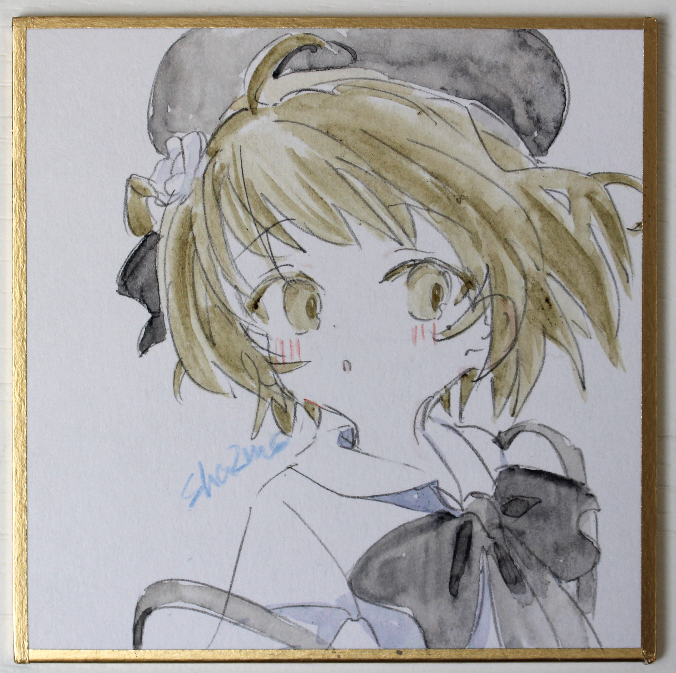 sha2mo, hatoba tsugu, tsugu (vtuber), absurdres, commentary request, highres, photo (medium), traditional media, 1girl, ahoge, beret, black bow, black hat, blush, bow, brown eyes, brown hair, collared shirt, flower, hair flower, hair ornament, hat, parted lips, shikishi, shirt, signature, solo, suspenders, virtual youtuber, white flower, white shirt