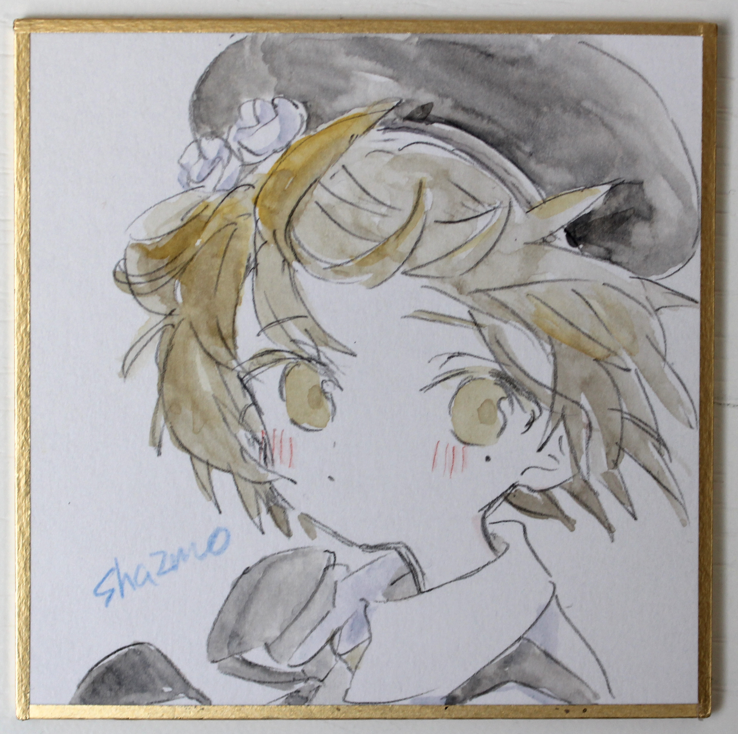 sha2mo, hatoba tsugu, tsugu (vtuber), absurdres, commentary request, highres, photo (medium), traditional media, 1girl, beret, black bow, black hat, blush, bow, brown eyes, brown hair, closed mouth, collared shirt, flower, hair flower, hair ornament, hat, shikishi, shirt, signature, solo, suspenders, virtual youtuber, white flower, white shirt