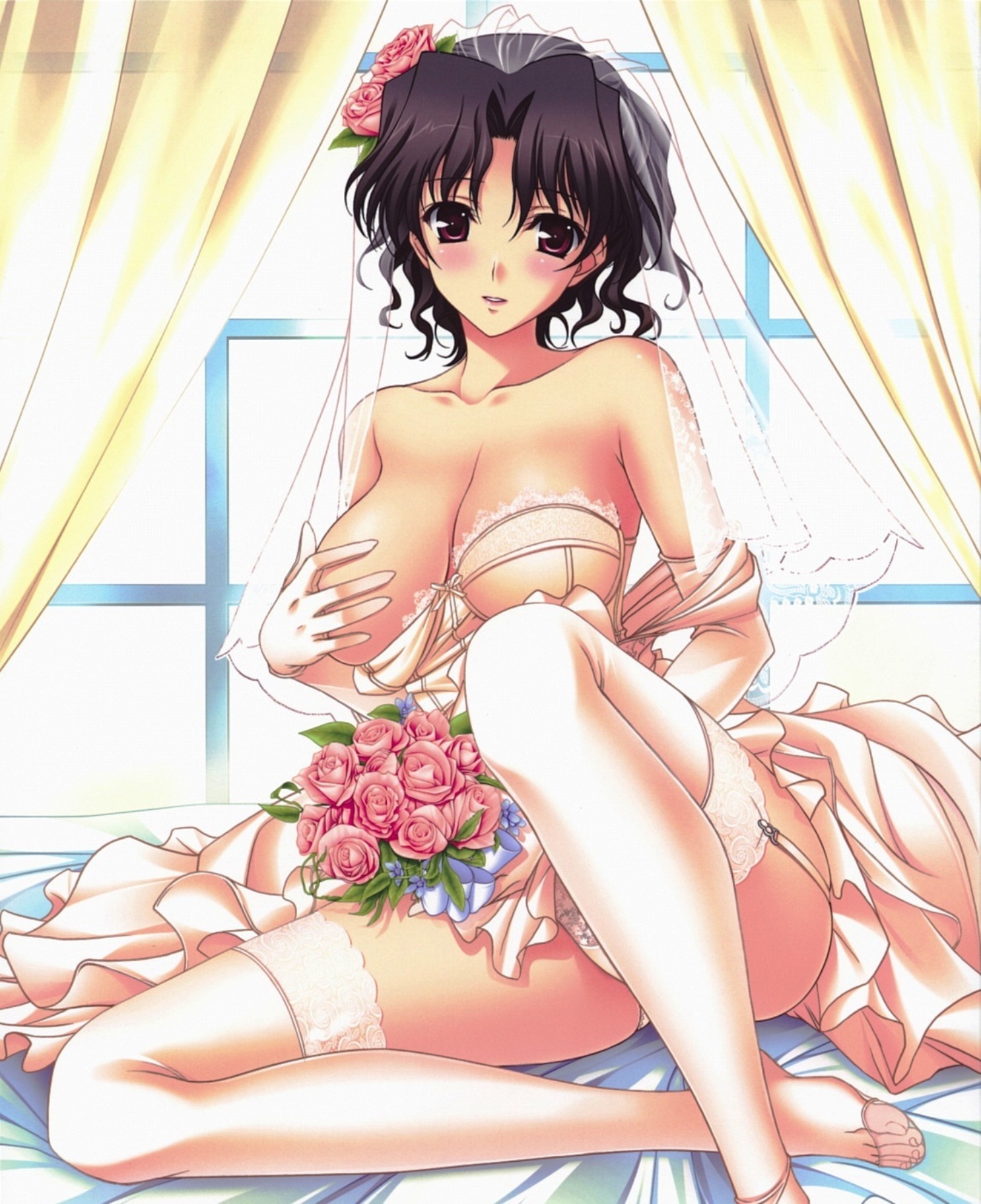 kemokomoya, komori kei, yuzuhara haruka, to heart (series), to heart 2, to heart 2 ad, highres, 00s, breasts, brown eyes, brown hair, cleavage, dress, elbow gloves, flower, garter belt, gloves, large breasts, lingerie, mature female, panties, short hair, thighhighs, underwear, wedding dress