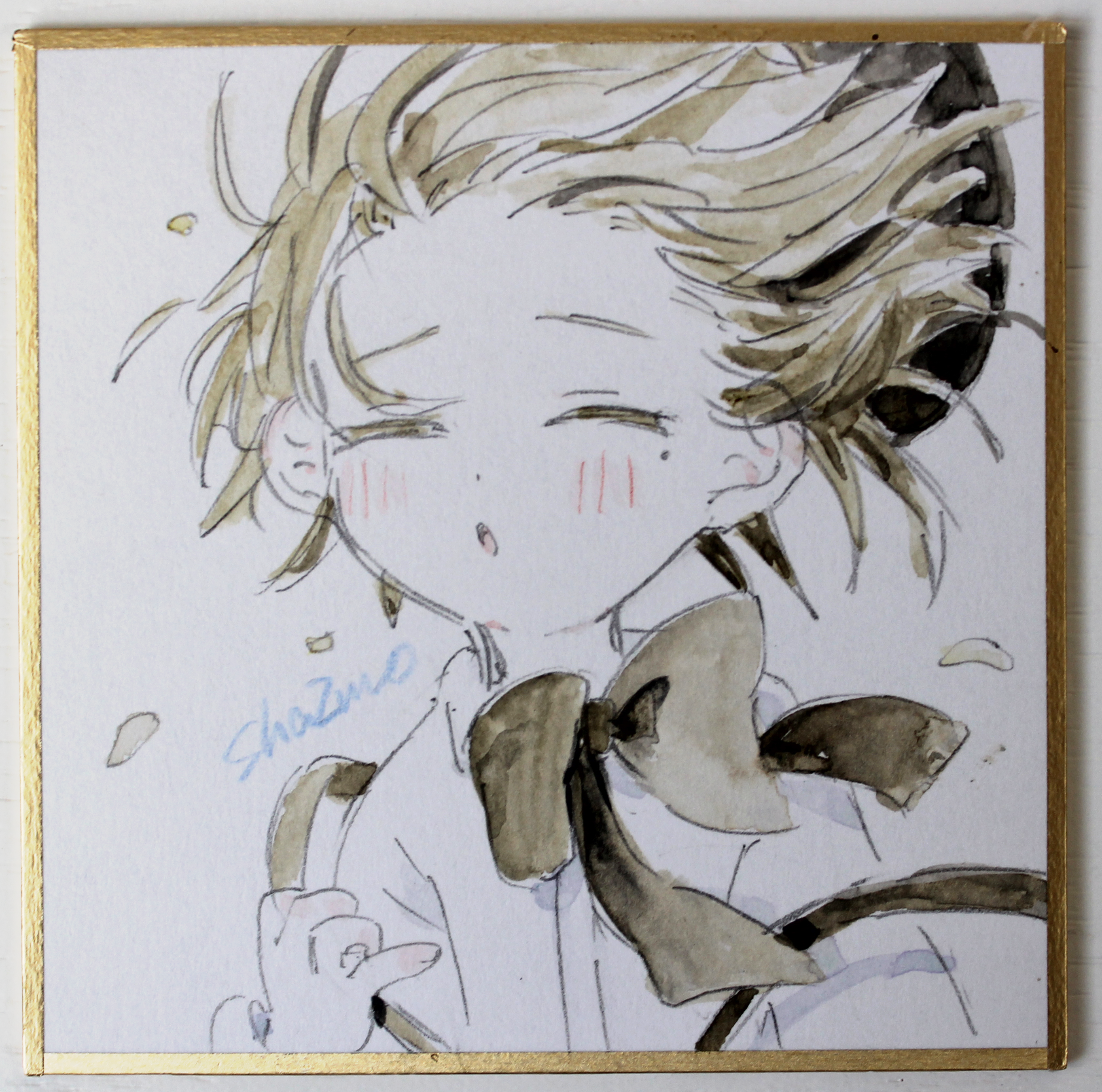 sha2mo, hatoba tsugu, tsugu (vtuber), absurdres, commentary request, highres, photo (medium), traditional media, 1girl, beret, black bow, black hat, blush, bow, brown hair, closed eyes, collared shirt, dress shirt, facing viewer, flower, hair flower, hair ornament, hand up, hat, parted lips, shikishi, shirt, signature, solo, suspenders, virtual youtuber, white flower, white shirt