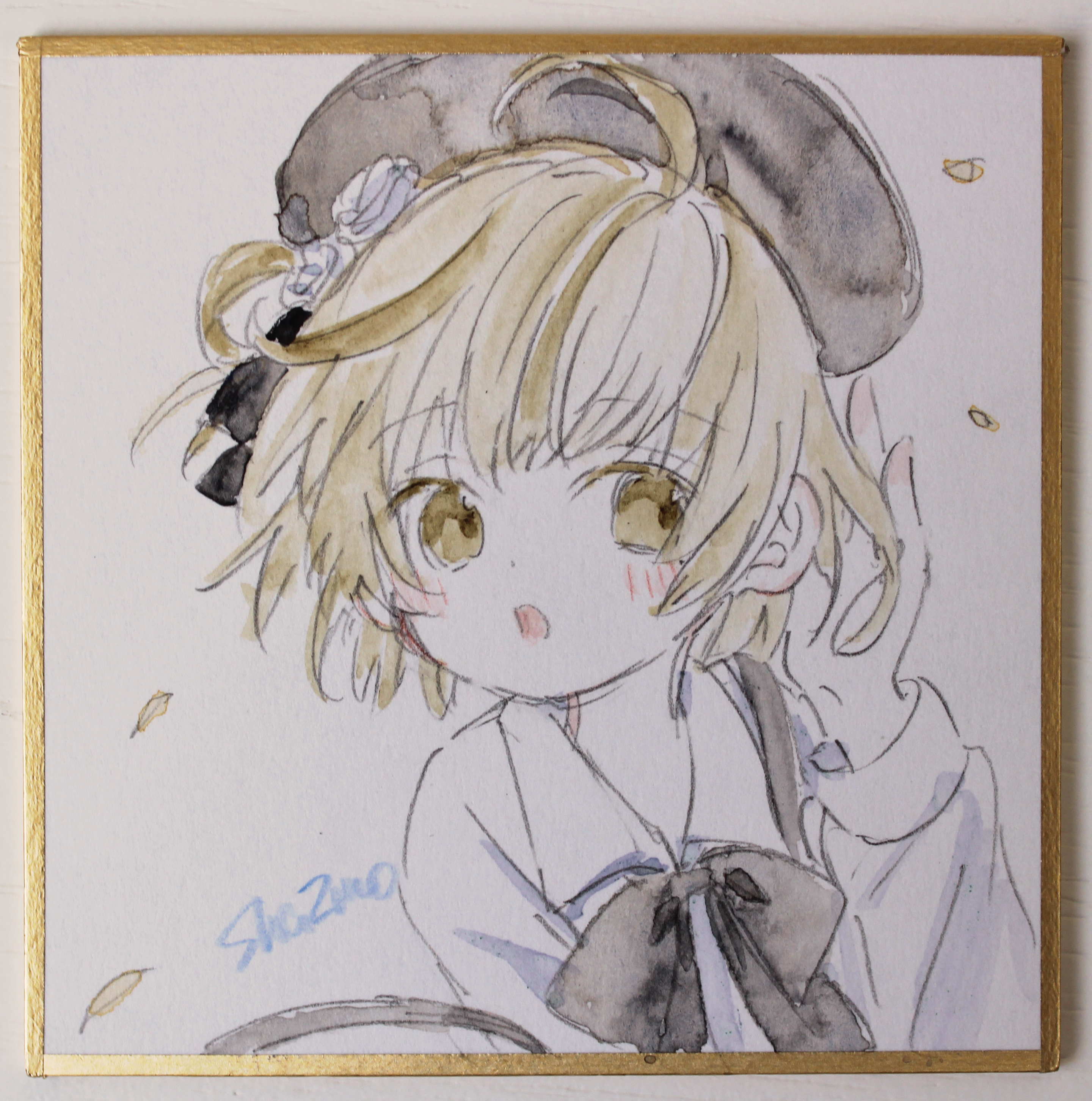 sha2mo, hatoba tsugu, tsugu (vtuber), absurdres, commentary request, highres, photo (medium), traditional media, 1girl, beret, black bow, black hat, blush, bow, brown eyes, brown hair, collared shirt, flower, hair flower, hair ornament, hand up, hat, open mouth, shikishi, shirt, signature, solo, suspenders, virtual youtuber, white flower, white shirt