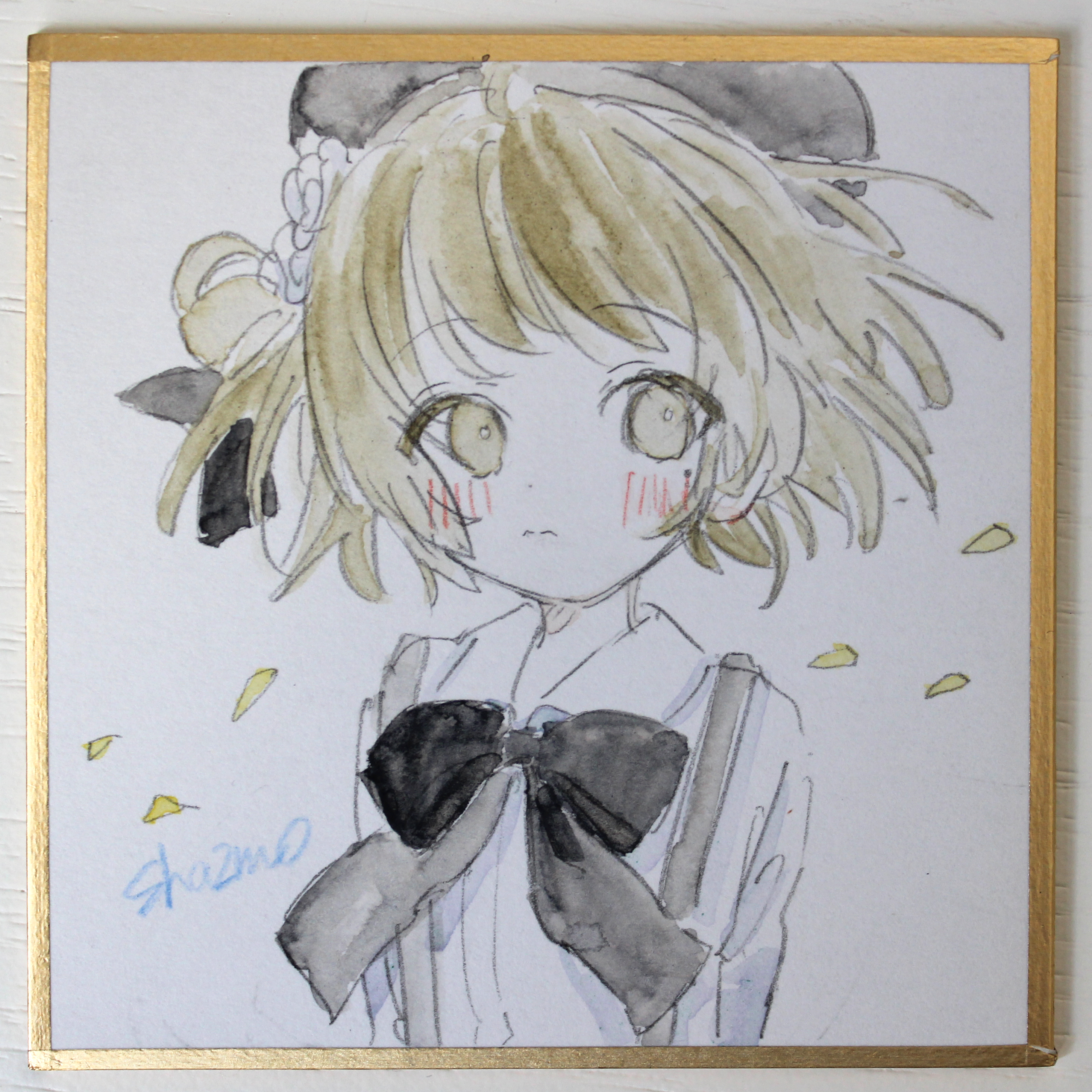 sha2mo, hatoba tsugu, tsugu (vtuber), absurdres, commentary request, highres, photo (medium), traditional media, 1girl, beret, black bow, black hat, blush, bow, brown eyes, brown hair, closed mouth, collared shirt, dress shirt, flower, hair flower, hair ornament, hat, petals, shikishi, shirt, signature, solo, suspenders, virtual youtuber, white flower, white shirt