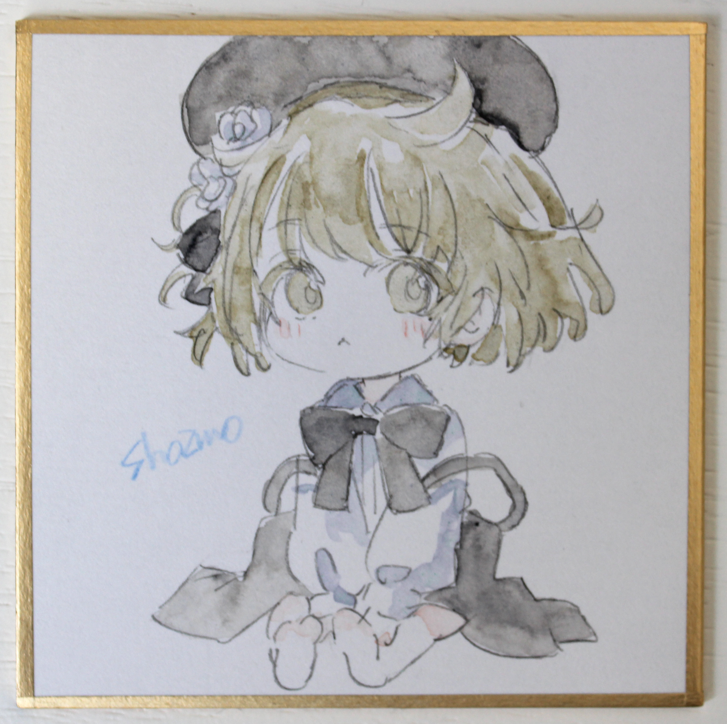 sha2mo, hatoba tsugu, tsugu (vtuber), absurdres, commentary request, highres, photo (medium), traditional media, 1girl, :<, age regression, aged down, barefoot, beret, black bow, black hat, black skirt, blush, bow, brown eyes, brown hair, closed mouth, collared shirt, dress shirt, flower, full body, hair flower, hair ornament, hat, long sleeves, puffy long sleeves, puffy sleeves, shikishi, shirt, signature, sitting, skirt, soles, solo, suspender skirt, suspenders, virtual youtuber, white flower, white shirt