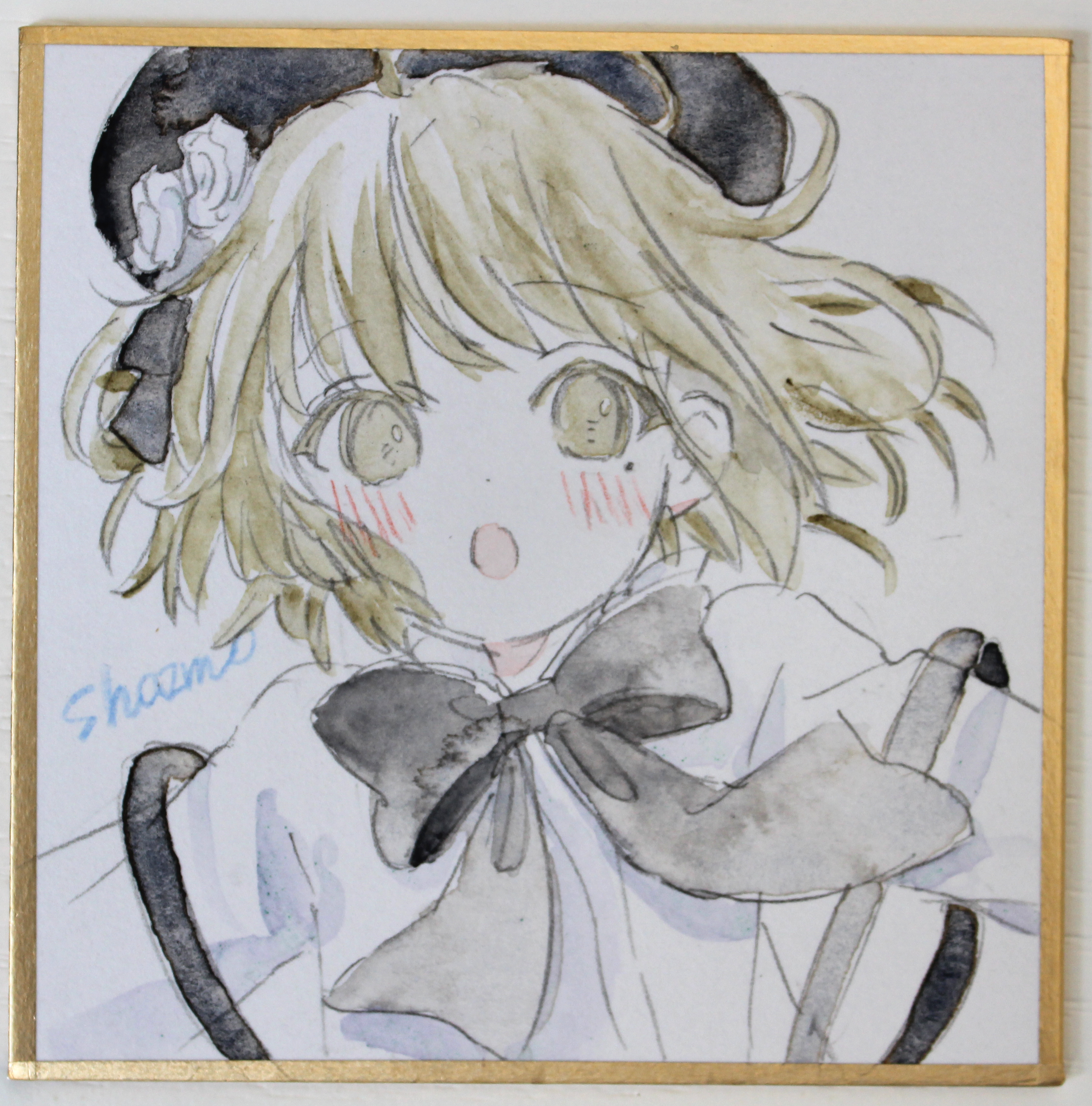 sha2mo, hatoba tsugu, tsugu (vtuber), absurdres, commentary request, highres, photo (medium), traditional media, 1girl, beret, black bow, black hat, blush, bow, brown eyes, brown hair, collared shirt, dress shirt, flower, hair flower, hair ornament, hat, open mouth, shikishi, shirt, signature, solo, suspenders, virtual youtuber, white flower, white shirt