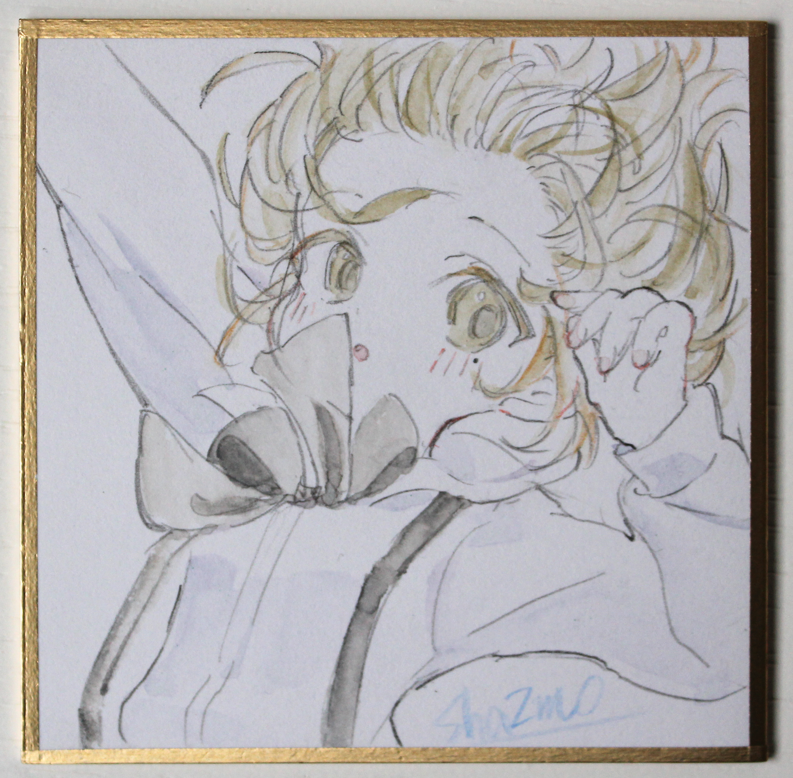 sha2mo, hatoba tsugu, tsugu (vtuber), absurdres, commentary request, highres, photo (medium), traditional media, 1girl, arm up, black bow, blush, bow, brown eyes, brown hair, collared shirt, dress shirt, hand up, long sleeves, puffy long sleeves, puffy sleeves, shikishi, shirt, signature, solo, suspenders, virtual youtuber, white shirt