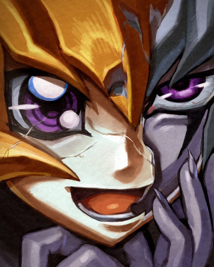 saltedfishxuan, shingetsu rei, vector (yu-gi-oh!), yu-gi-oh!, yu-gi-oh! zexal, 1boy, :d, cracked kawaii mask, facial mark, grey hair, hair between eyes, looking at viewer, lower teeth only, male focus, multicolored hair, open mouth, orange hair, purple eyes, smile, solo, split-color hair, teeth, two-tone hair, upper body
