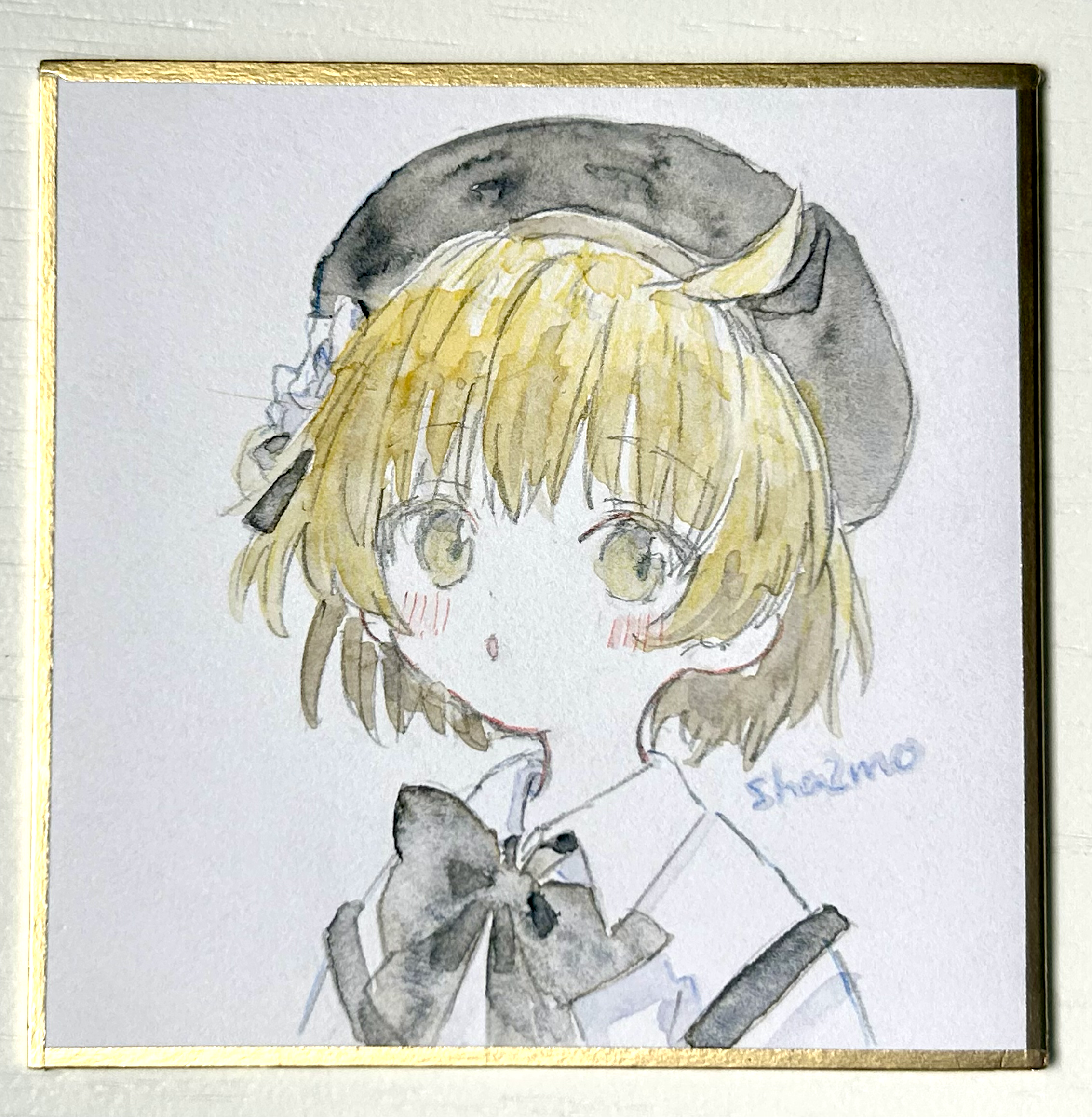 sha2mo, hatoba tsugu, tsugu (vtuber), commentary request, highres, photo (medium), traditional media, 1girl, beret, black bow, black hat, blush, bow, brown eyes, brown hair, collared shirt, flower, hair flower, hair ornament, hat, looking at viewer, parted lips, shikishi, shirt, signature, solo, suspenders, suspenders slip, upper body, virtual youtuber, white flower, white shirt