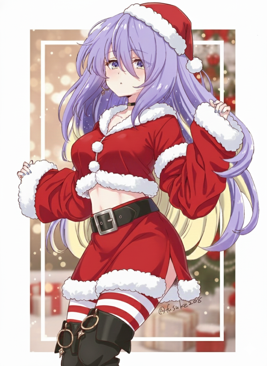 fuusuke (fusuke208), moona hoshinova, hololive, hololive indonesia, ai-assisted, commentary, english commentary, third-party ai edit, third-party edit, 1girl, belt, black choker, choker, christmas, christmas tree, gift, hat, long hair, long sleeves, merry christmas, midriff, puffy long sleeves, puffy sleeves, purple hair, santa costume, santa hat, striped clothes, striped thighhighs, thighhighs, virtual youtuber