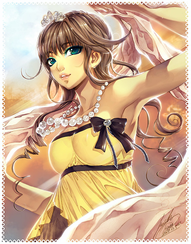 judith park, princess daisy, mario (series), nintendo, super mario bros. 1, super mario land, 1girl, armpits, bare shoulders, blue eyes, brown hair, crown, dress, eyeliner, female focus, green eyes, jewelry, lips, long hair, makeup, necklace, princess, signature, solo, tiara