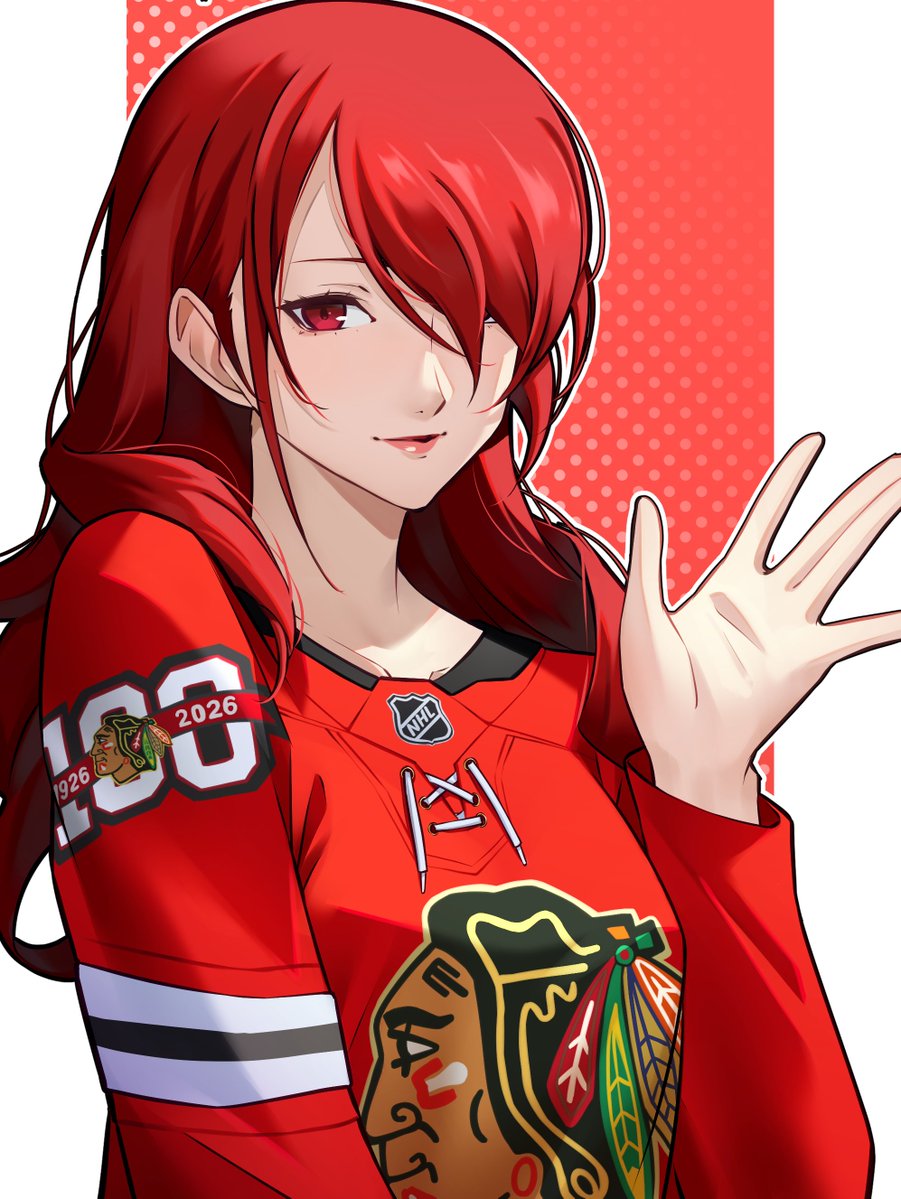 wanderstillart, kirijou mitsuru, national hockey league, persona, persona 3, commentary, commission, english commentary, 1girl, chicago blackhawks, closed mouth, eyelashes, hair over one eye, logo, looking at viewer, print sweater, red background, red eyes, red sweater, smile, solo, sweater, upper body, waving