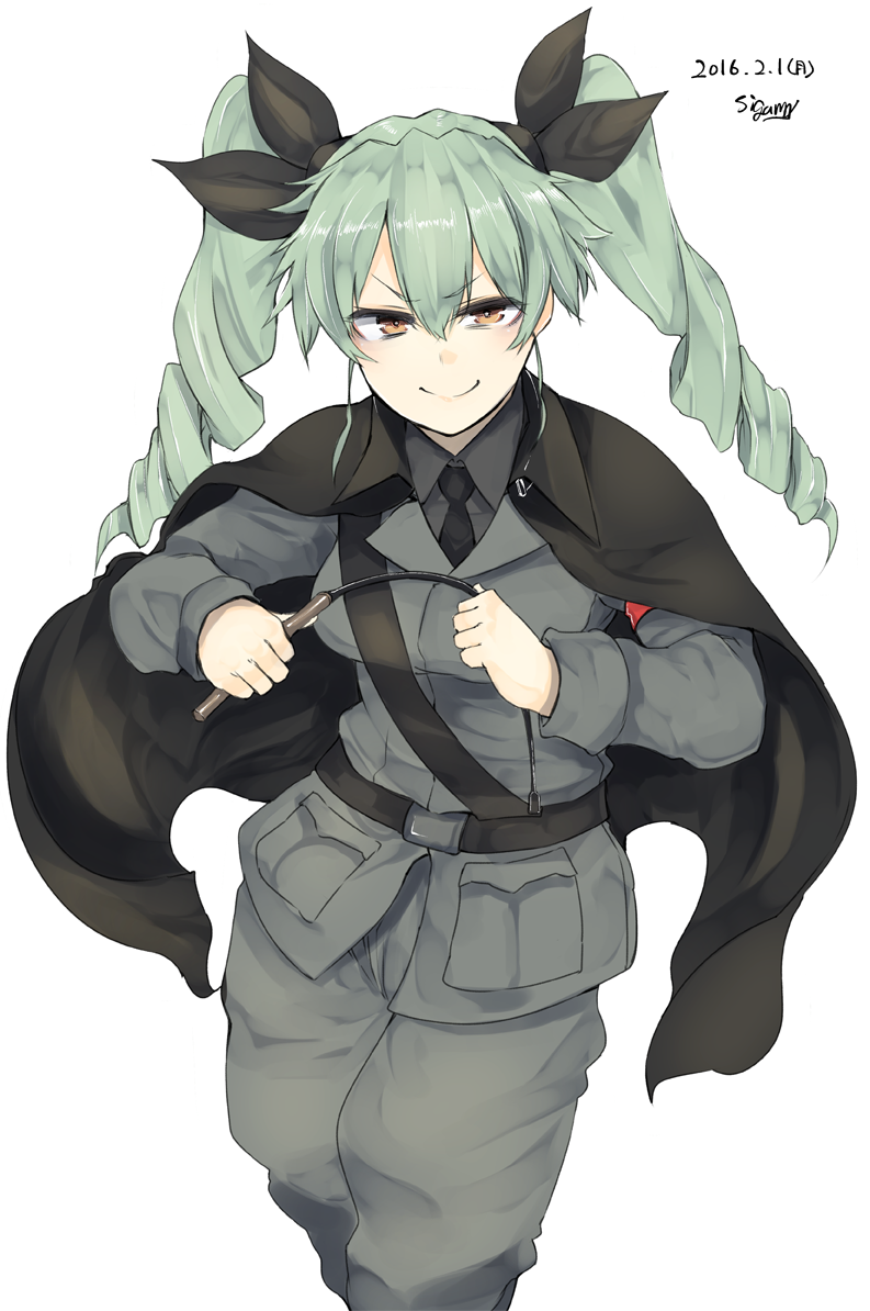 sigama, anchovy (girls und panzer), girls und panzer, 1girl, anzio military uniform, belt, black cape, black necktie, black ribbon, breasts, cape, dated, dated commentary, drill hair, green hair, hair between eyes, hair ribbon, jacket, long hair, long sleeves, medium breasts, military uniform, necktie, orange eyes, pants, ribbon, riding crop, simple background, smile, solo, twin drills, twintails, white background