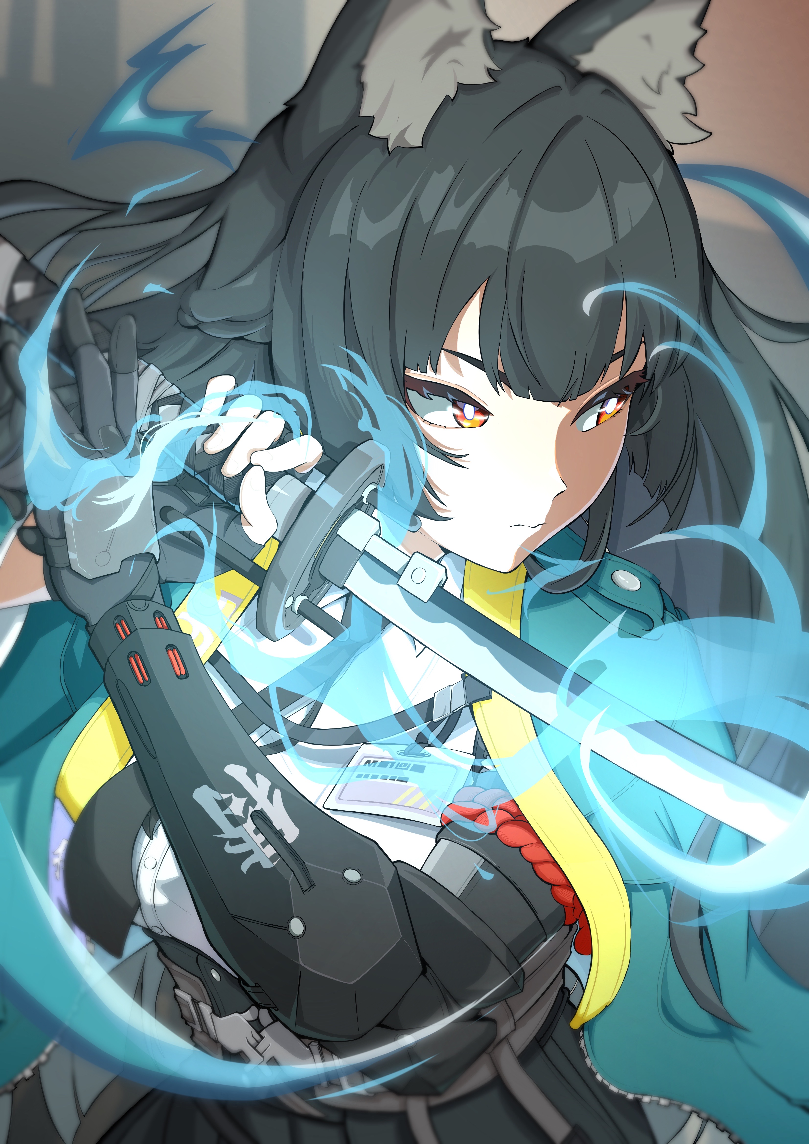 hoshimi miyabi, zenless zone zero, absurdres, commentary request, highres, 1girl, animal ears, black gloves, black hair, black necktie, braid, closed mouth, fox ears, fox girl, gloves, green jacket, holding, holding sword, holding weapon, id card, jacket, katana, long hair, necktie, orange eyes, potyaskeleton, shirt, solo, sword, upper body, very long hair, weapon, white shirt